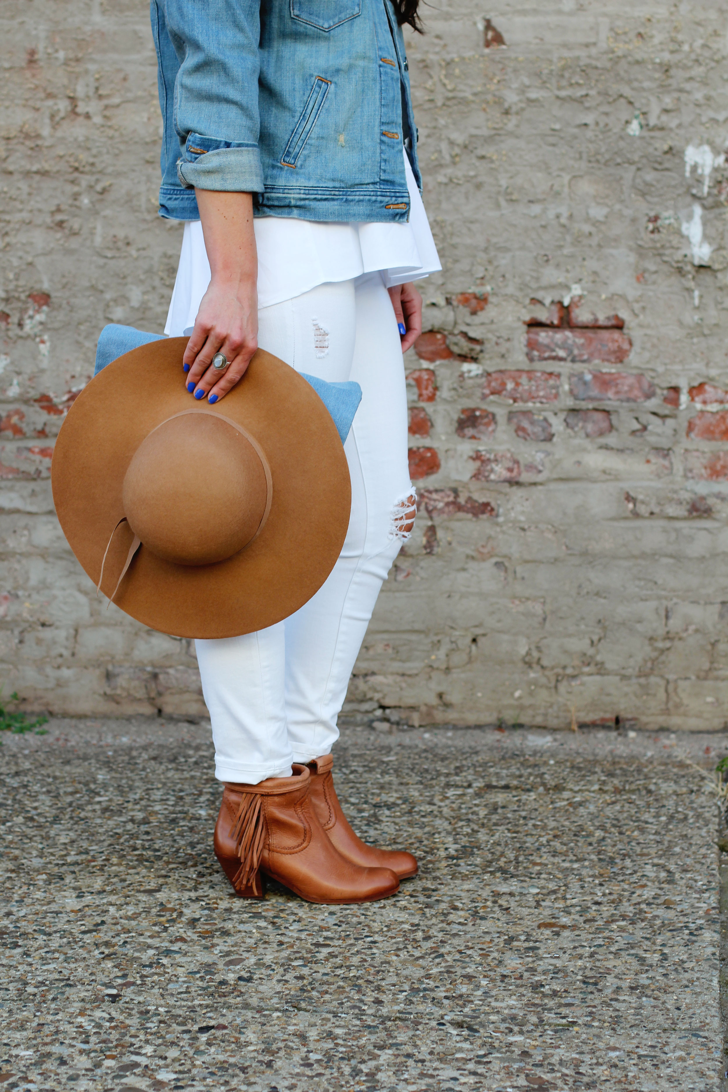 White Denim for Fall, Gap Jeans, J.Crew Denim Jacket, Old Navy Floppy Hat, Sam Edelman Louie Booties, Zara Peplum Top, Sally Hansen Gel Polish in 'Tidal Wave', Seattle Fashion Blogger