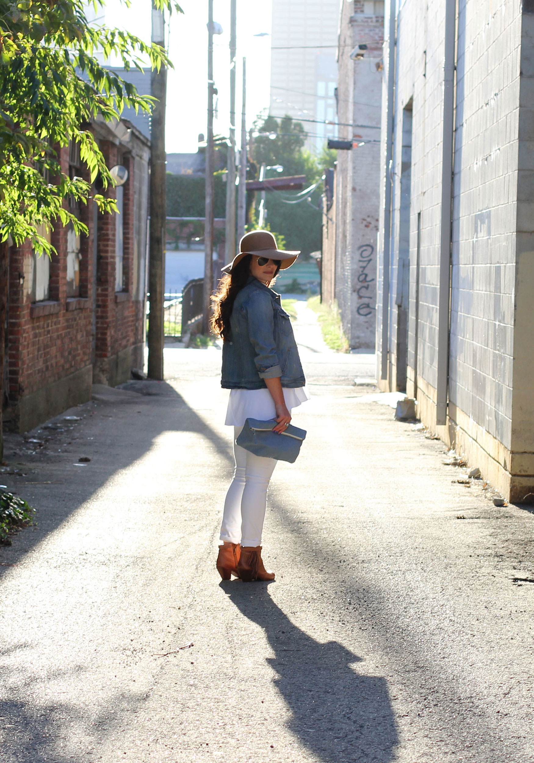 White Denim for Fall, Gap Jeans, J.Crew Denim Jacket, Old Navy Floppy Hat, Sam Edelman Louie Booties, Zara Peplum Top, Sally Hansen Gel Polish in 'Tidal Wave', Seattle Fashion Blogger