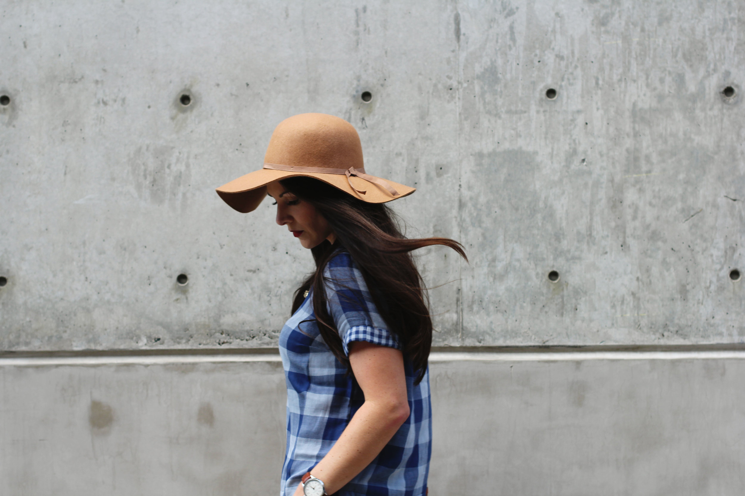 Fall Outfit, Old Navy Boxy Plaid Top, Old Navy Felt Floppy Hat, J.Crew Toothpick Cords, Vintage Louis Vuitton Crossbody, Sam Edelman Louie Fringe Booties