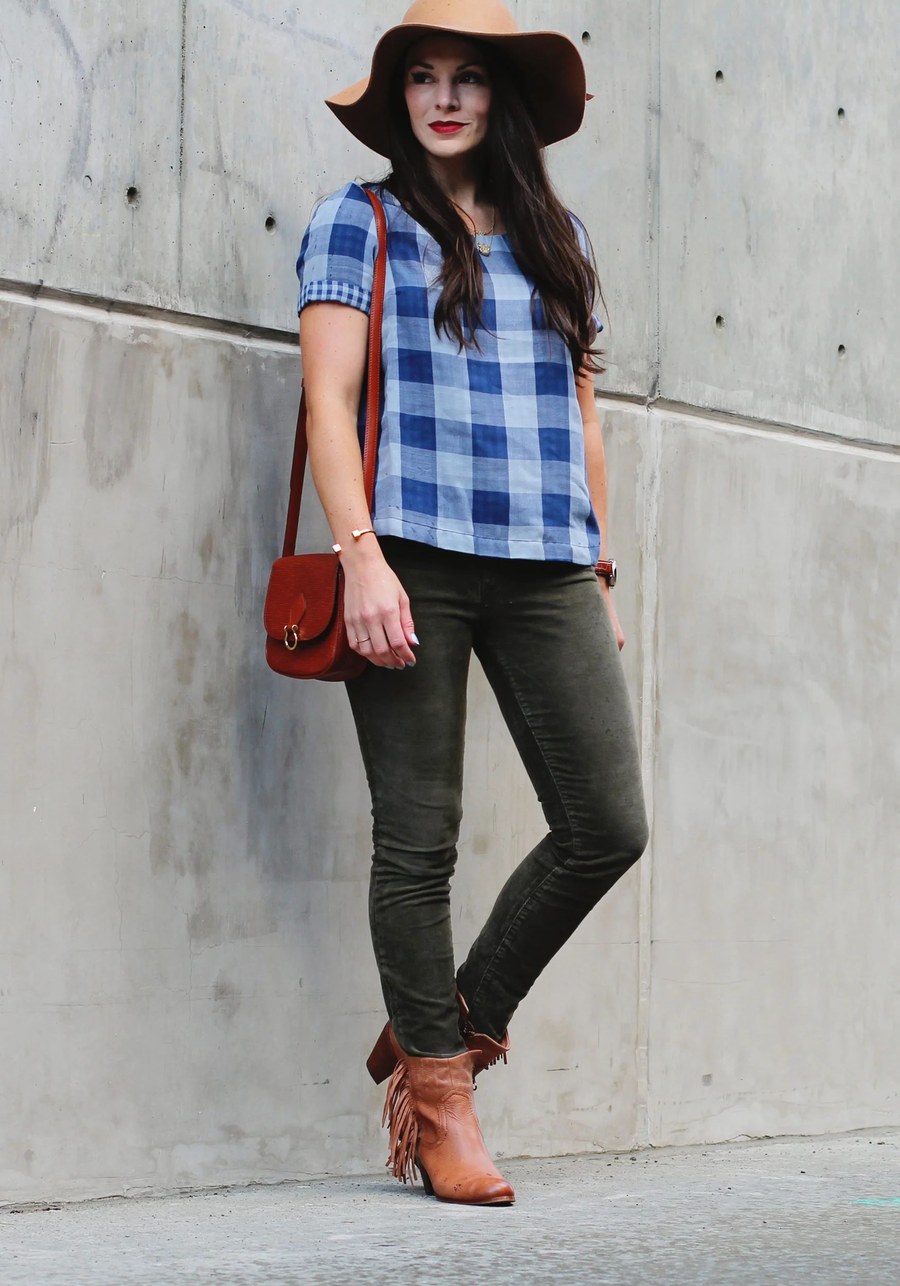 Fall Outfit, Old Navy Boxy Plaid Top, Old Navy Felt Floppy Hat, J.Crew Toothpick Cords, Vintage Louis Vuitton Crossbody, Sam Edelman Louie Fringe Booties