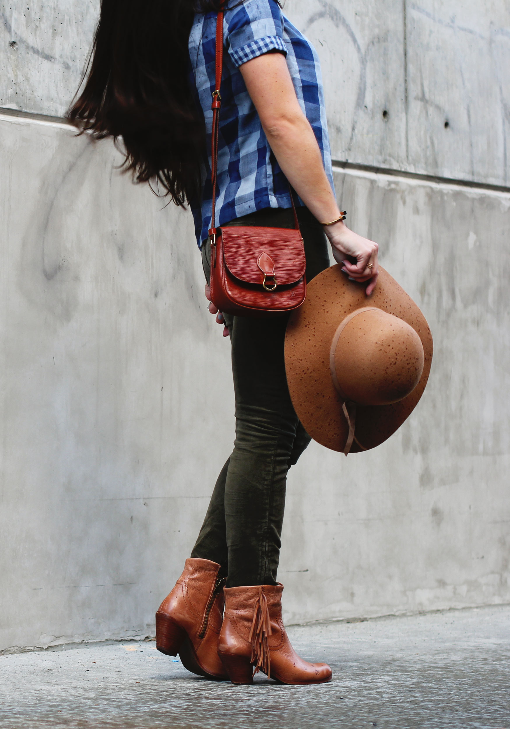 Fall Outfit, Old Navy Boxy Plaid Top, Old Navy Felt Floppy Hat, J.Crew Toothpick Cords, Vintage Louis Vuitton Crossbody, Sam Edelman Louie Fringe Booties