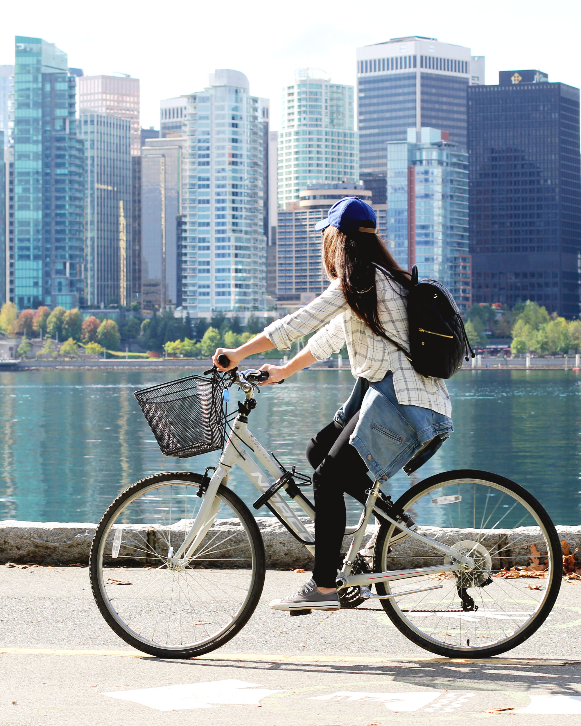 Vancouver Canada, Seawall Bike Ride, Athleisure, Vera Bradley Quilted Amy Backpack, Wool Baseball Cap, J.Crew Denim Jacket