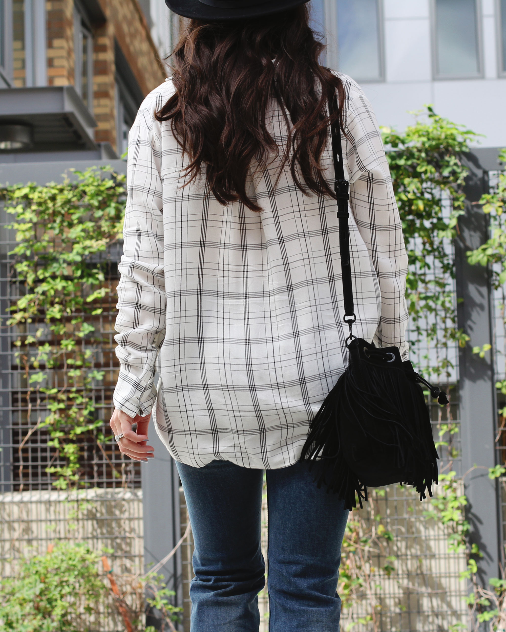 Fall Fashion, Flare Jeans, Rebecca Minkoff Fringe Bucket Bag, Abercrombie & Fitch Drapey Wrap Front Shirt, 70s Fashion Trend