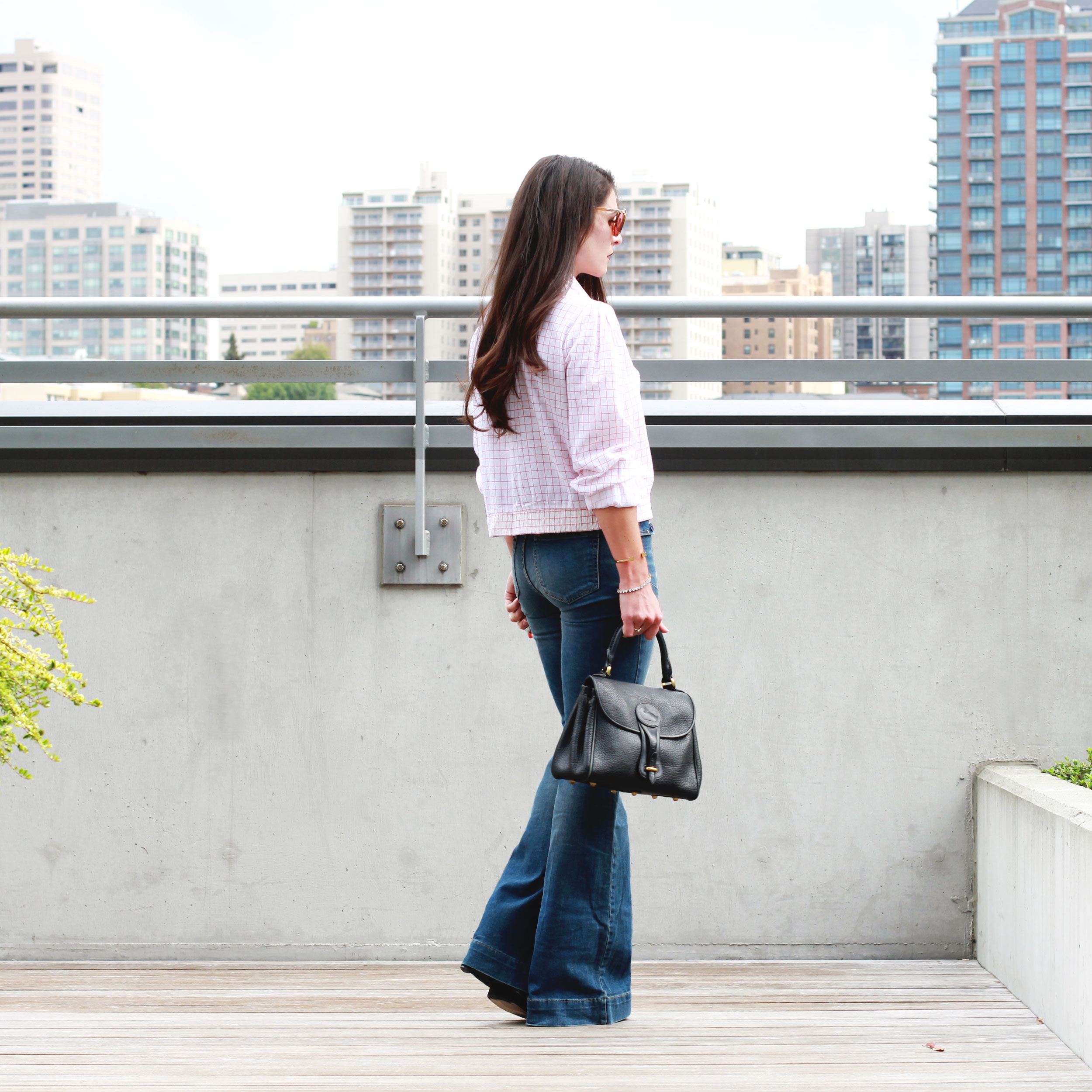 Fall Fashion, 70s Fashion Trend, Flare Jeans, Bow Blouse, Vintage Dior Sunglasses, Vintage Dooney & Bourke Bag, NARS Velvet Matte Lip Pencil in Cruella 