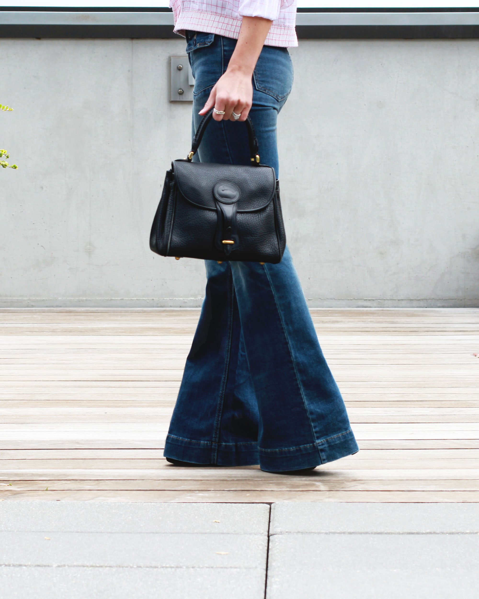 Fall Fashion, 70s Fashion Trend, Flare Jeans, Bow Blouse, Vintage Dior Sunglasses, Vintage Dooney & Bourke Bag, NARS Velvet Matte Lip Pencil in Cruella 