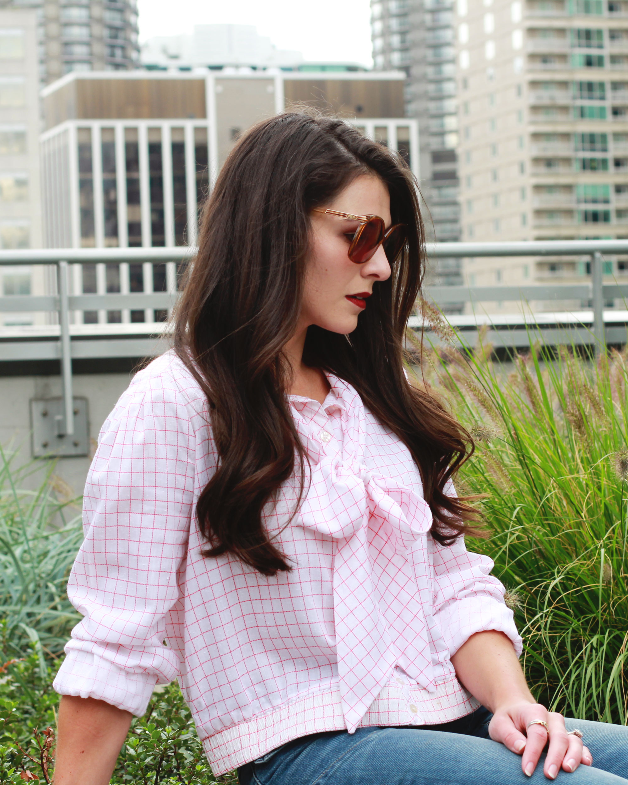 Fall Fashion, 70s Fashion Trend, Flare Jeans, Bow Blouse, Vintage Dior Sunglasses, Vintage Dooney & Bourke Bag, NARS Velvet Matte Lip Pencil in Cruella 