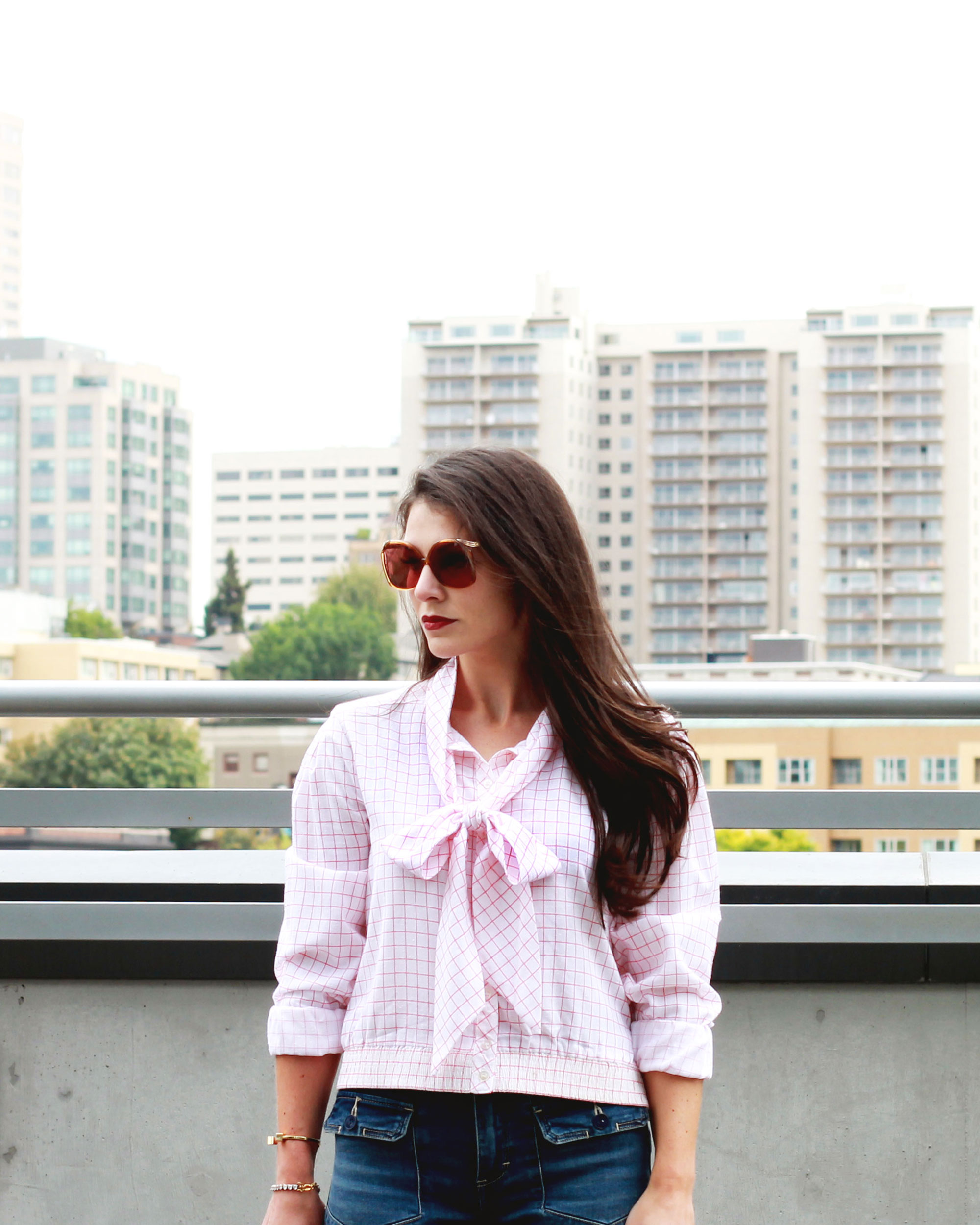 Fall Fashion, 70s Fashion Trend, Flare Jeans, Bow Blouse, Vintage Dior Sunglasses, Vintage Dooney & Bourke Bag, NARS Velvet Matte Lip Pencil in Cruella 