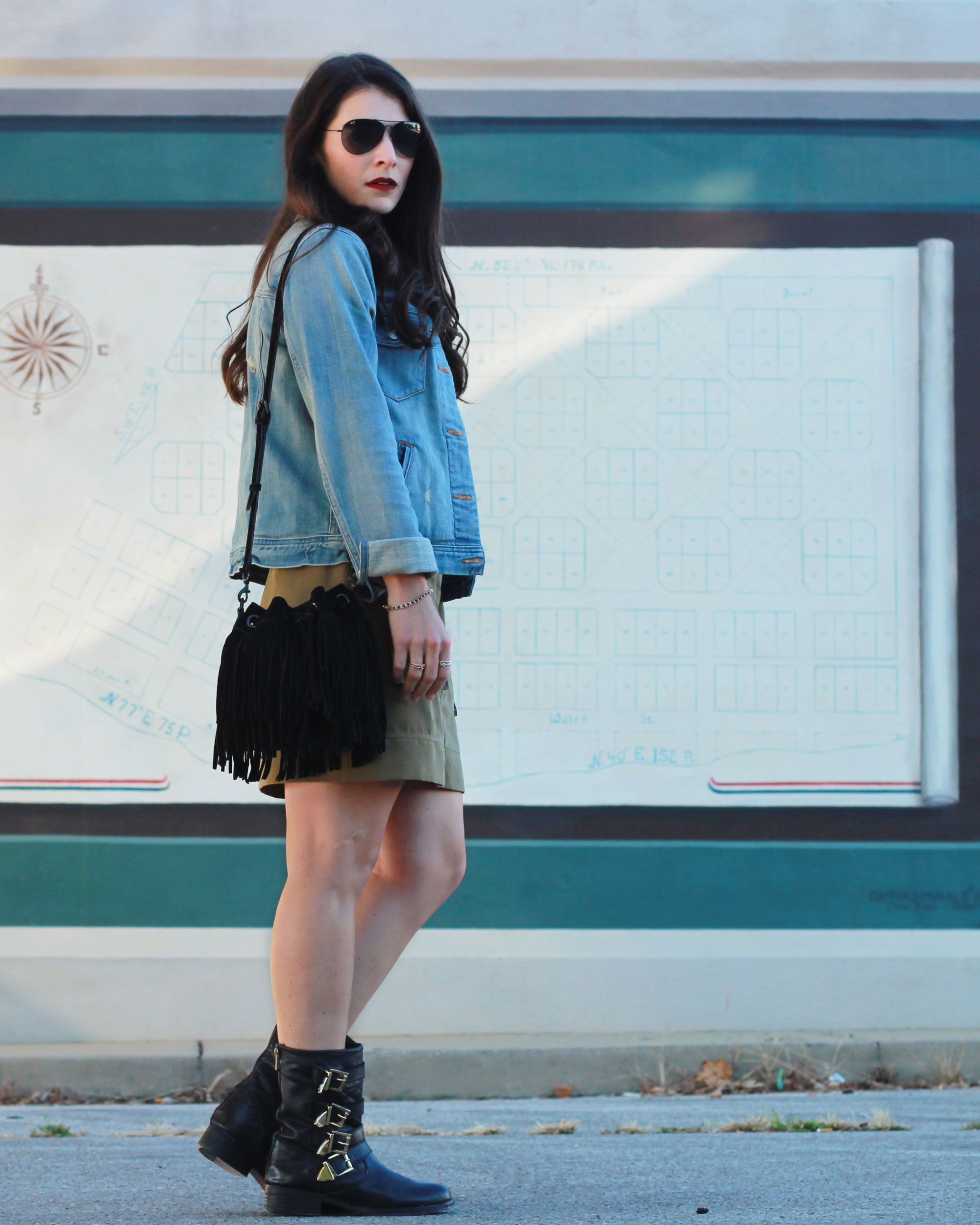 Fall Style, Faux Suede Dress, Motorcycle Boots, J.Crew Denim Jacket, Black Aviators, Fringe Rebecca Minkoff Fiona Bag