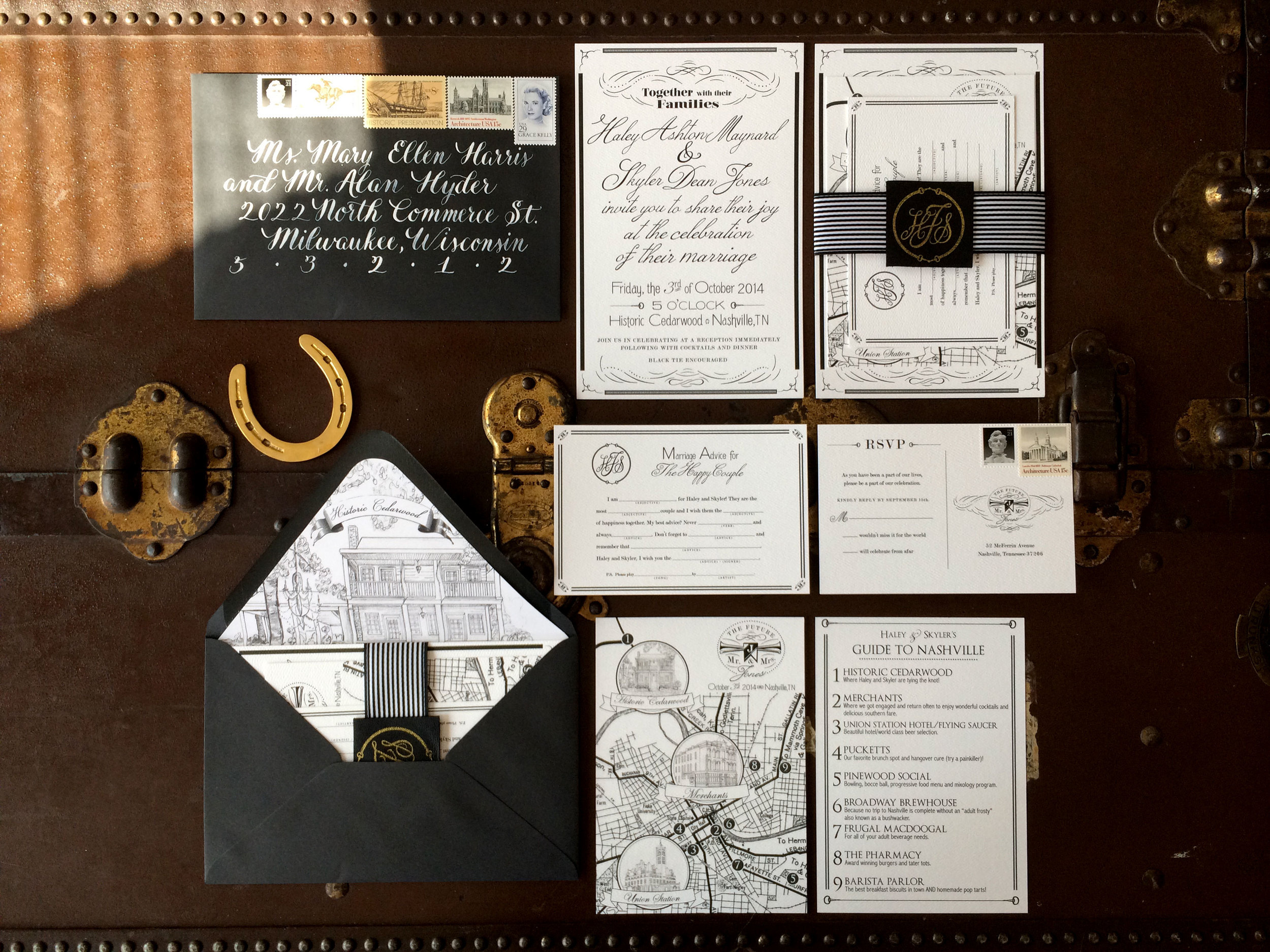 Me & Mr. Jones Wedding, Equestrian Inspired Invitation Suite, Calligraphy Wedding Invitations, Leather Belly Band, Black White and Gold Wedding Invitations