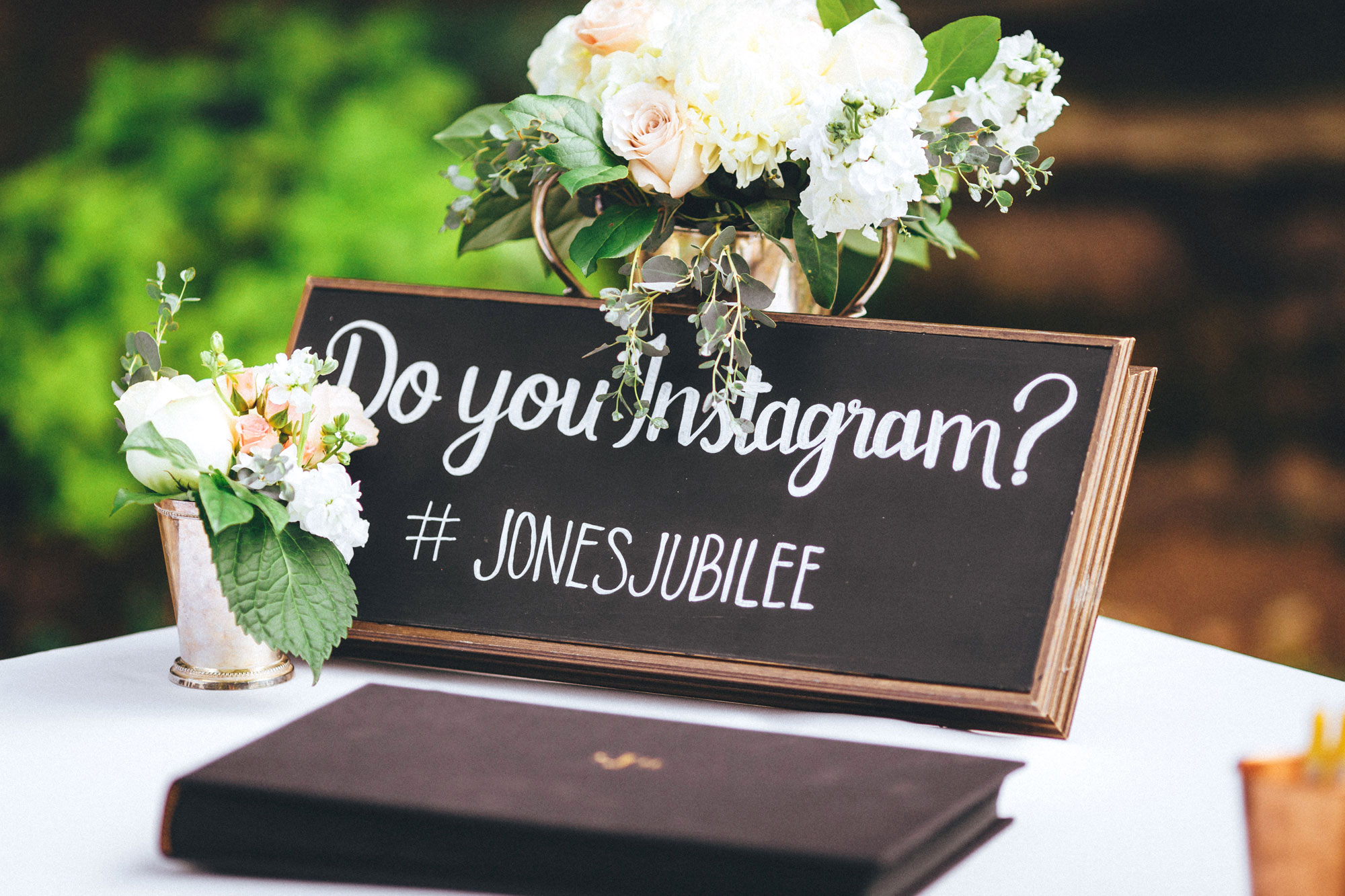 Me & Mr. Jones Wedding, Black Tie Wedding, Chalkboard Instagram Sign, Mint Julep Vases