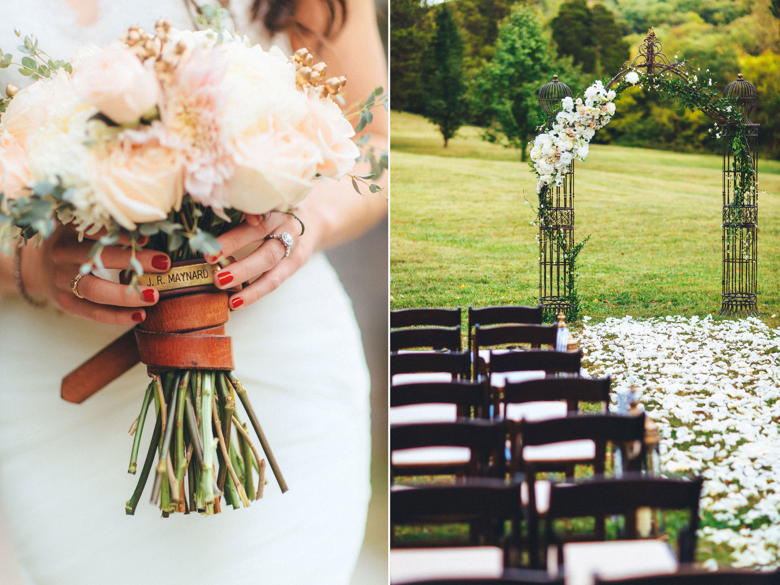 Me & Mr. Jones Wedding, Bride's Dad's Belt around Bouquet, Bouquet Embellishment, Black Tie Wedding at Cedarwood in Nashville, Statement Necklace, Glam Bride, Black White and Gold Wedding