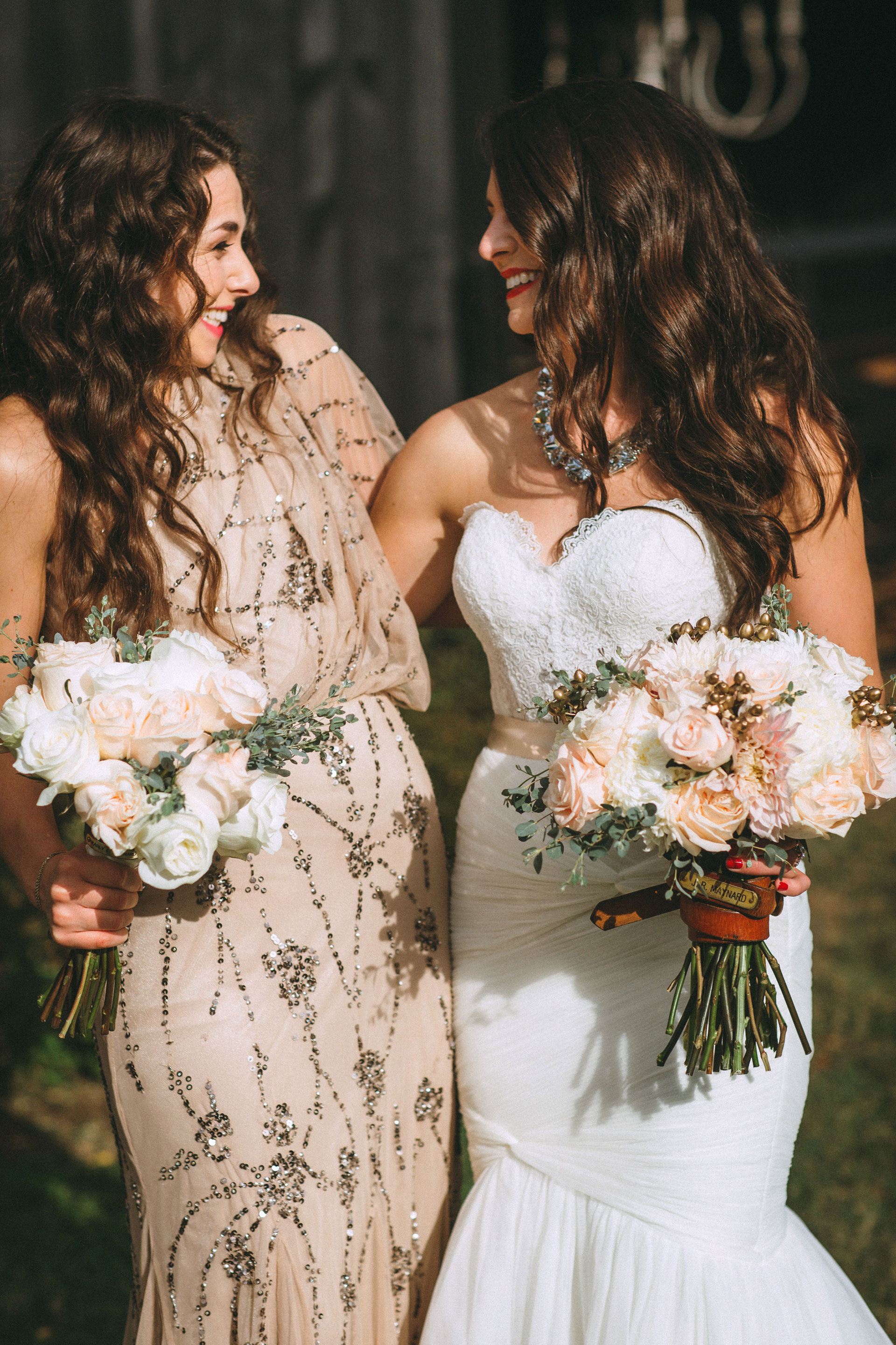 Me & Mr. Jones Wedding, Bride's Dad's Belt around Bouquet, Bouquet Embellishment, Black Tie Wedding at Cedarwood in Nashville, Statement Necklace, Glam Bride, Adrianna Papell One Shoulder Dress