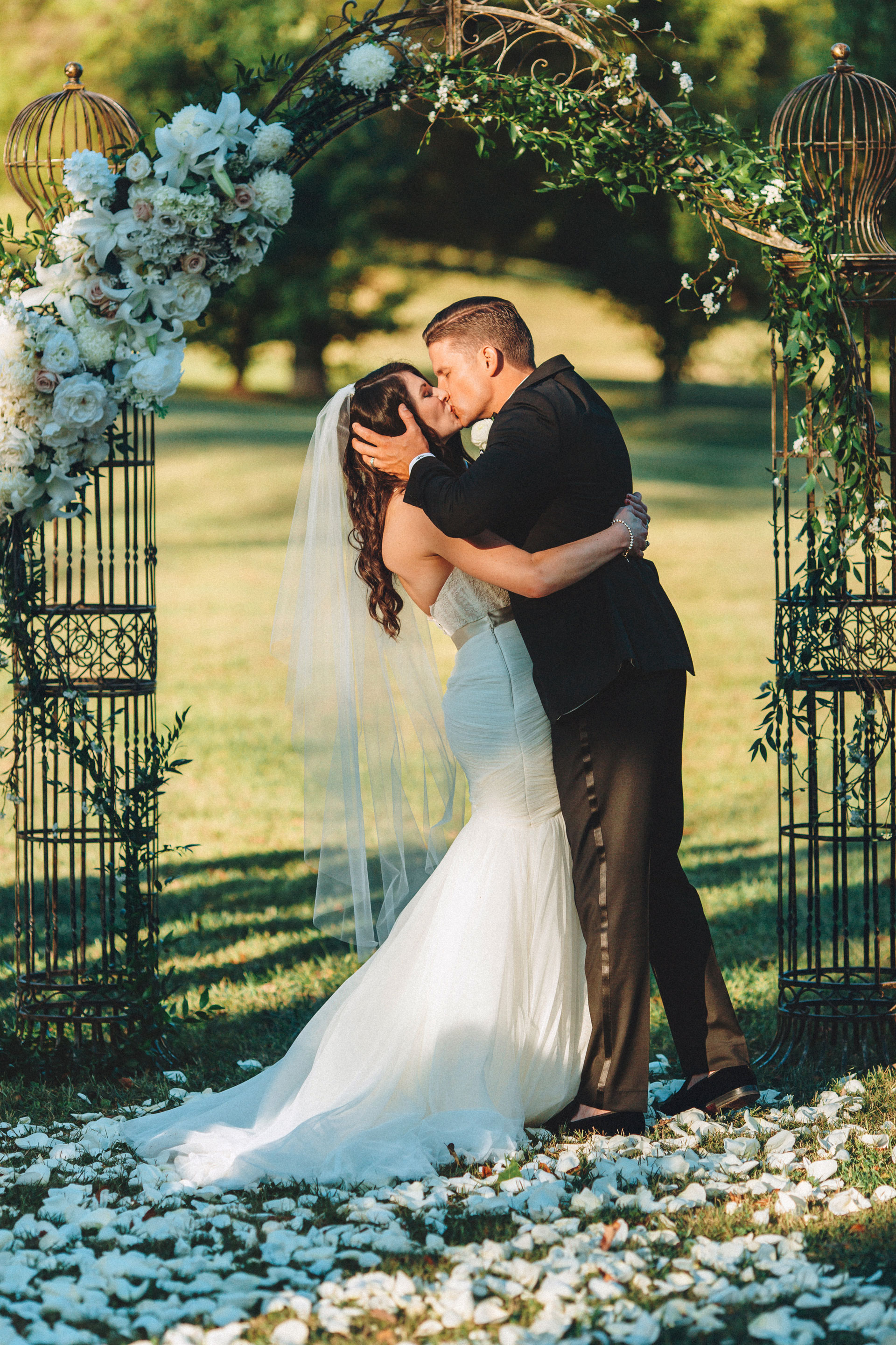Me & Mr. Jones Wedding, Love Veil, First Kiss, Rustic Glam Wedding, Ballet Veil, Fountain Veil, Black Tie Wedding, Floral Arch at the Altar, Rose Petal Aisle, Rustic Arch with Flowers