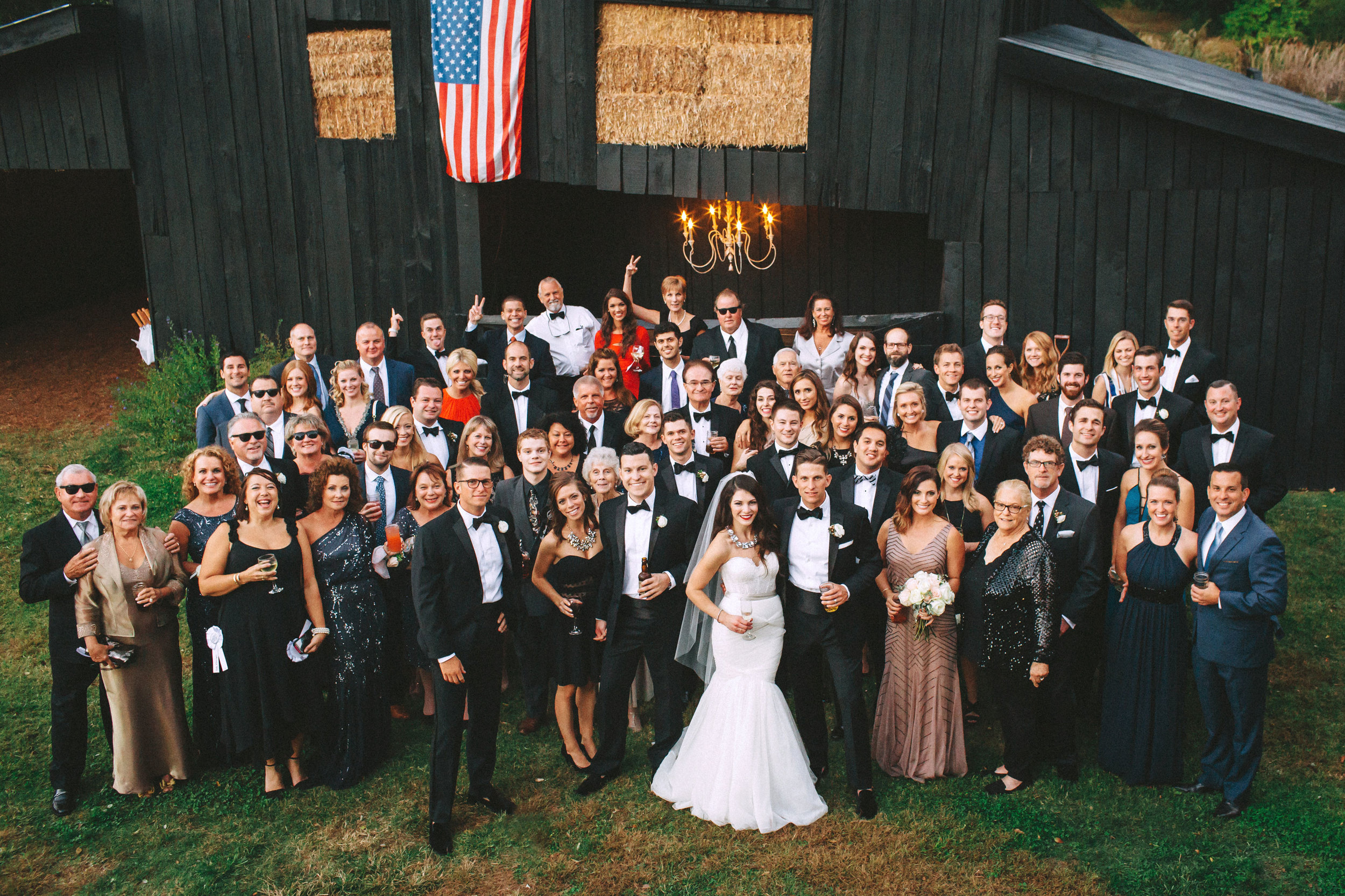 Me & Mr. Jones Wedding, Rustic Glam, Cocktail Hour in the Barn at Cedarwood in Nashville, Small Wedding Group Photo
