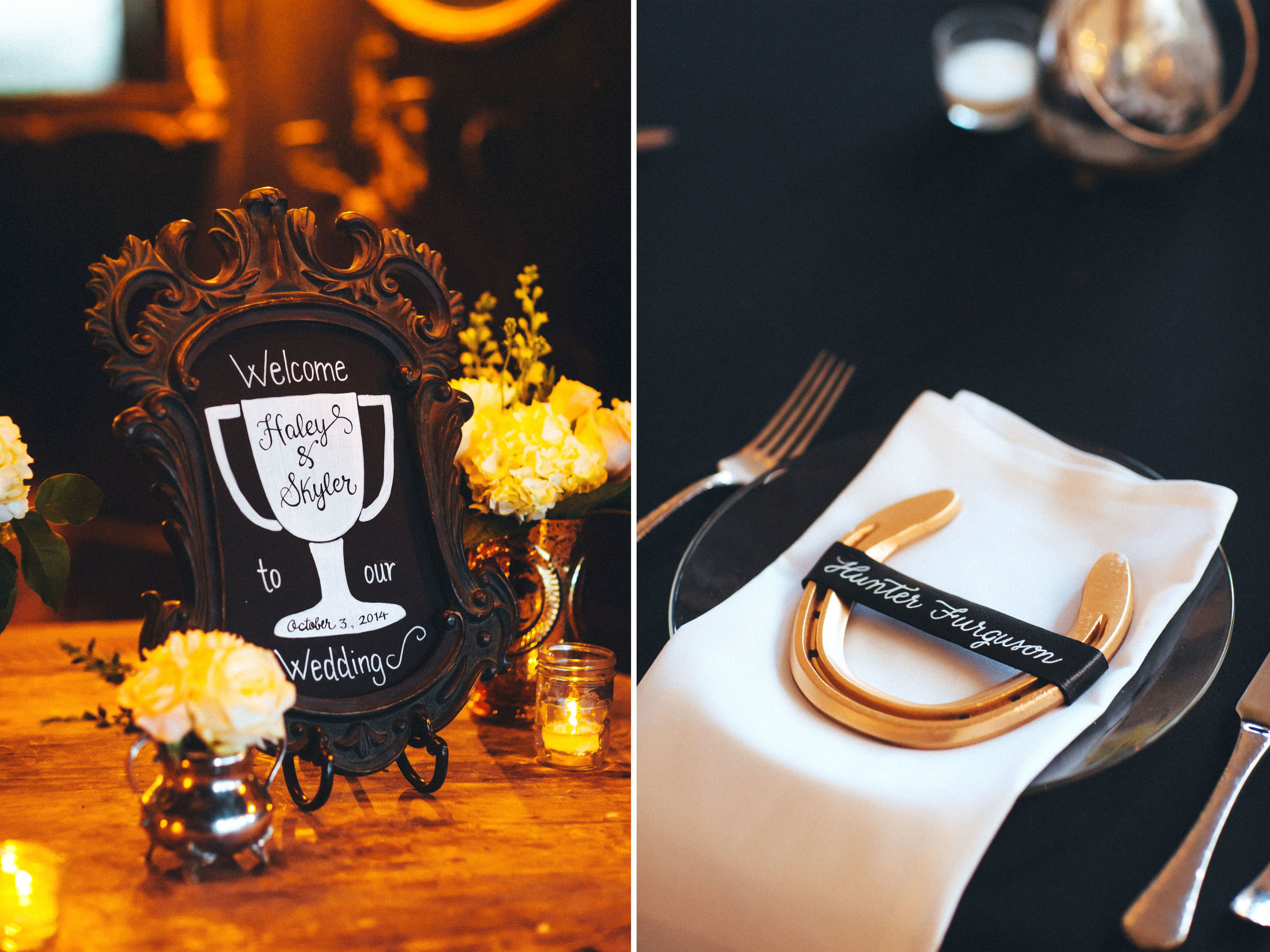 Me & Mr. Jones Wedding, Equestrian Inspired Wedding Decor, Horseshoe Place Cards, Gold Horseshoes, Gold Wedding, Rusic Glam Wedding, Black Tablecloths, Barnwood Tables