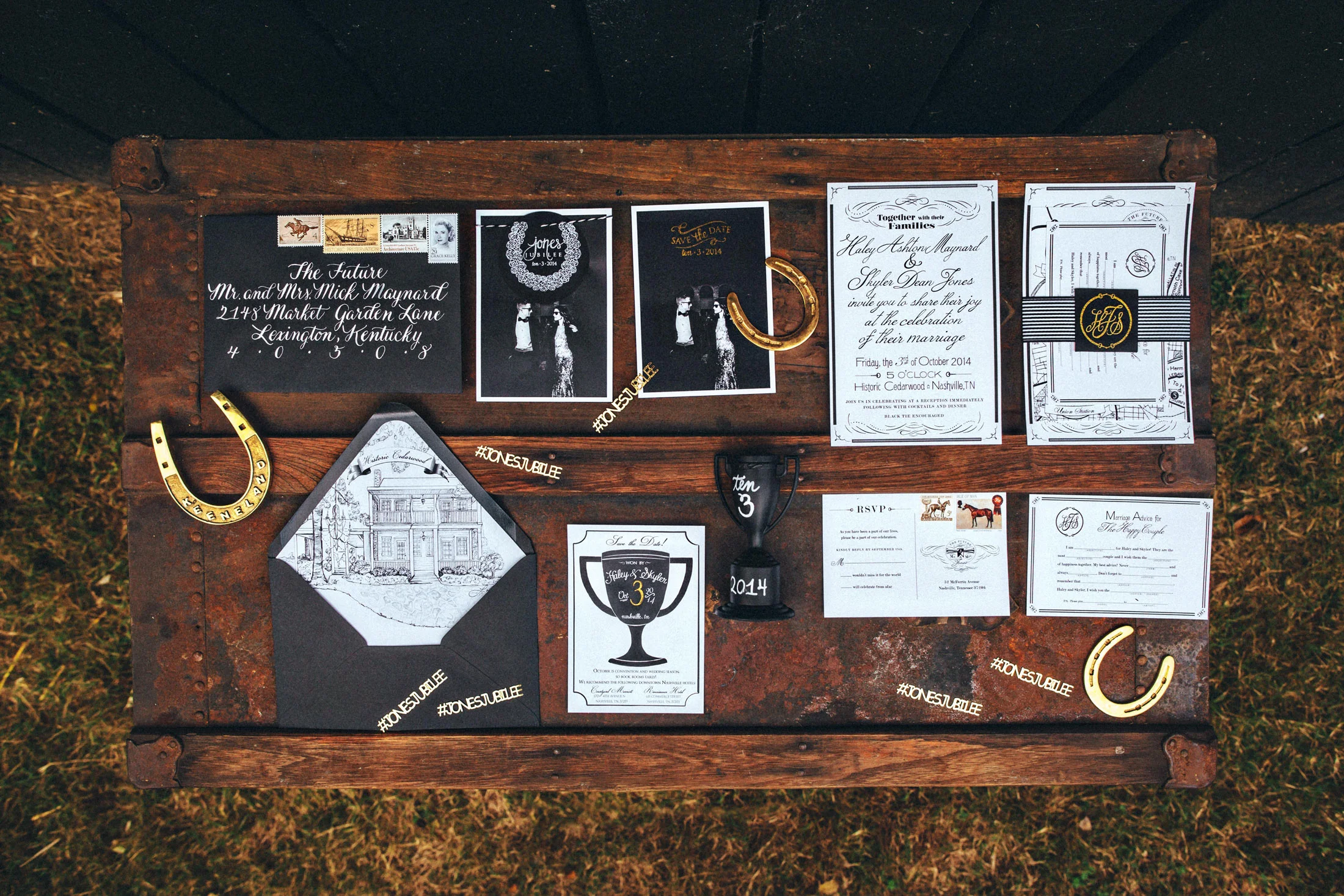 Me & Mr. Jones Wedding, Black White and Gold Wedding, Rustic Glam Wedding Invitations, Hand Drawn Wedding Map, White Calligraphy on Black Envelopes