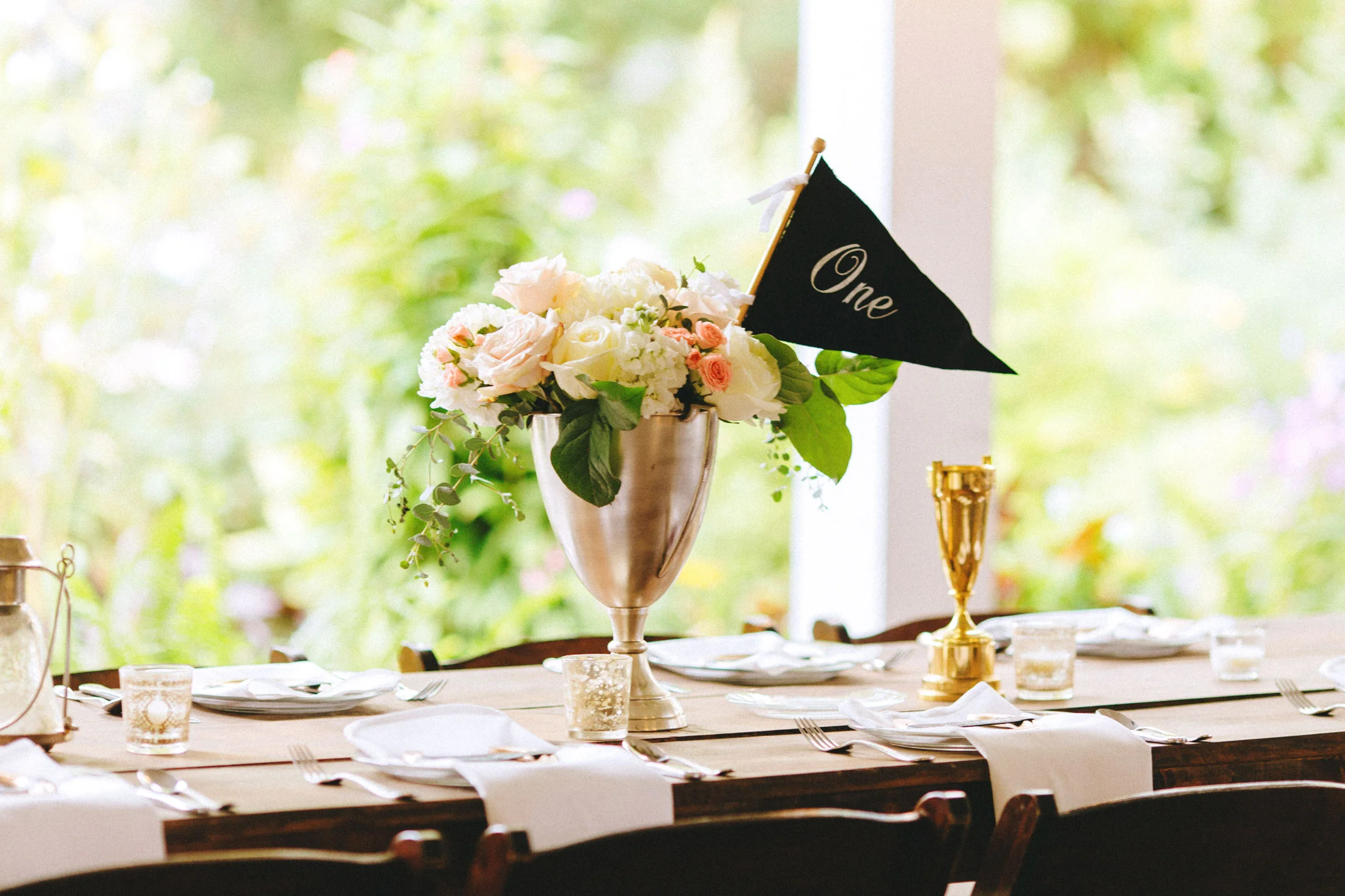 Me & Mr. Jones Wedding, Antique Trophy Cup Vases, DIY Pennant Table Numbers, Equestrian Inspired Wedding Decor, Horseshoe Place Cards, Gold Horseshoes, Gold Wedding, Rusic Glam Wedding