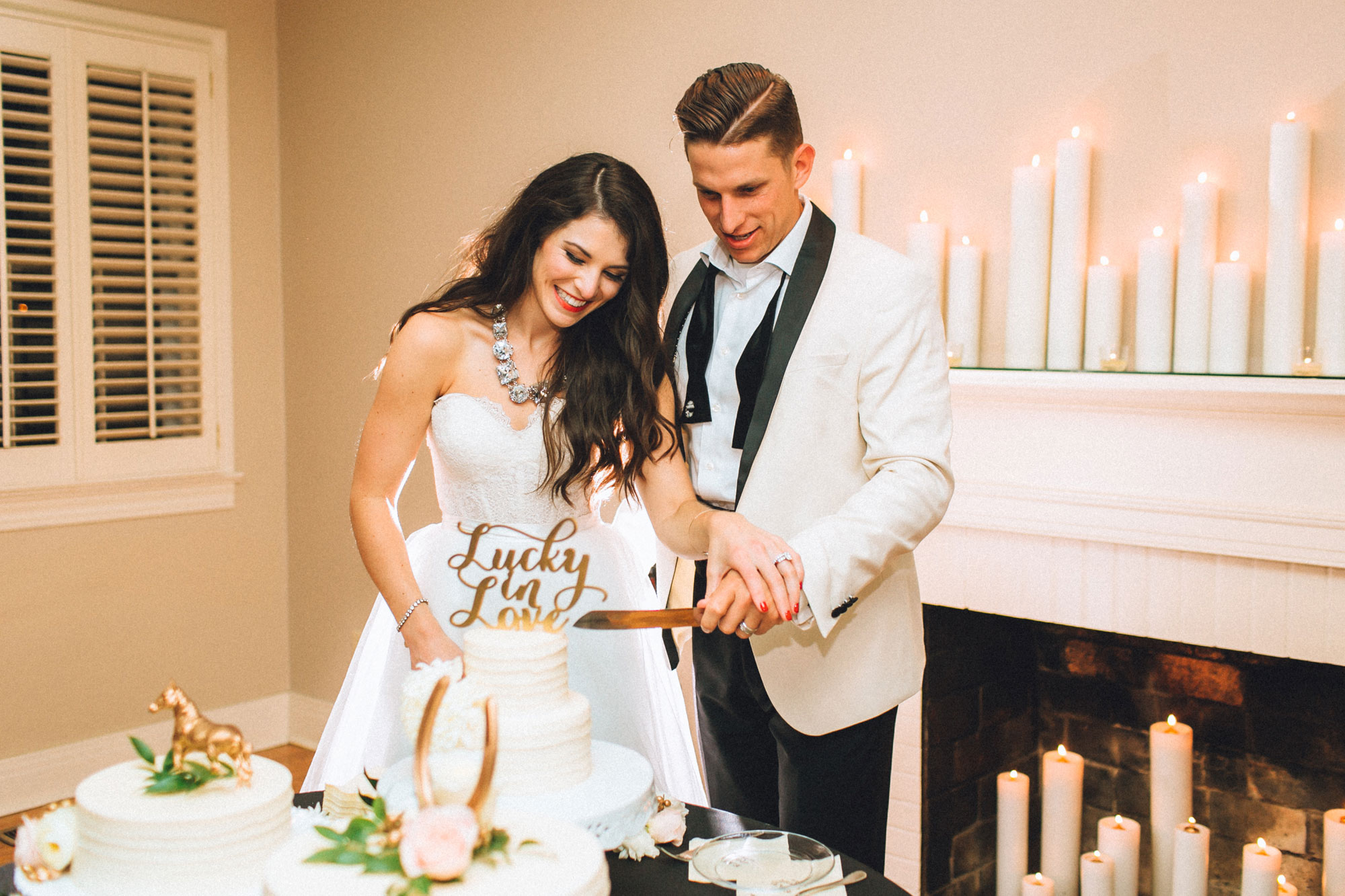 Me & Mr. Jones Wedding, Cutting the Cake, Funfetti Cake, Lasercut Lucky in Love Cake Topper, Gold Wedding, Black Tie Wedding in Nashville, TN