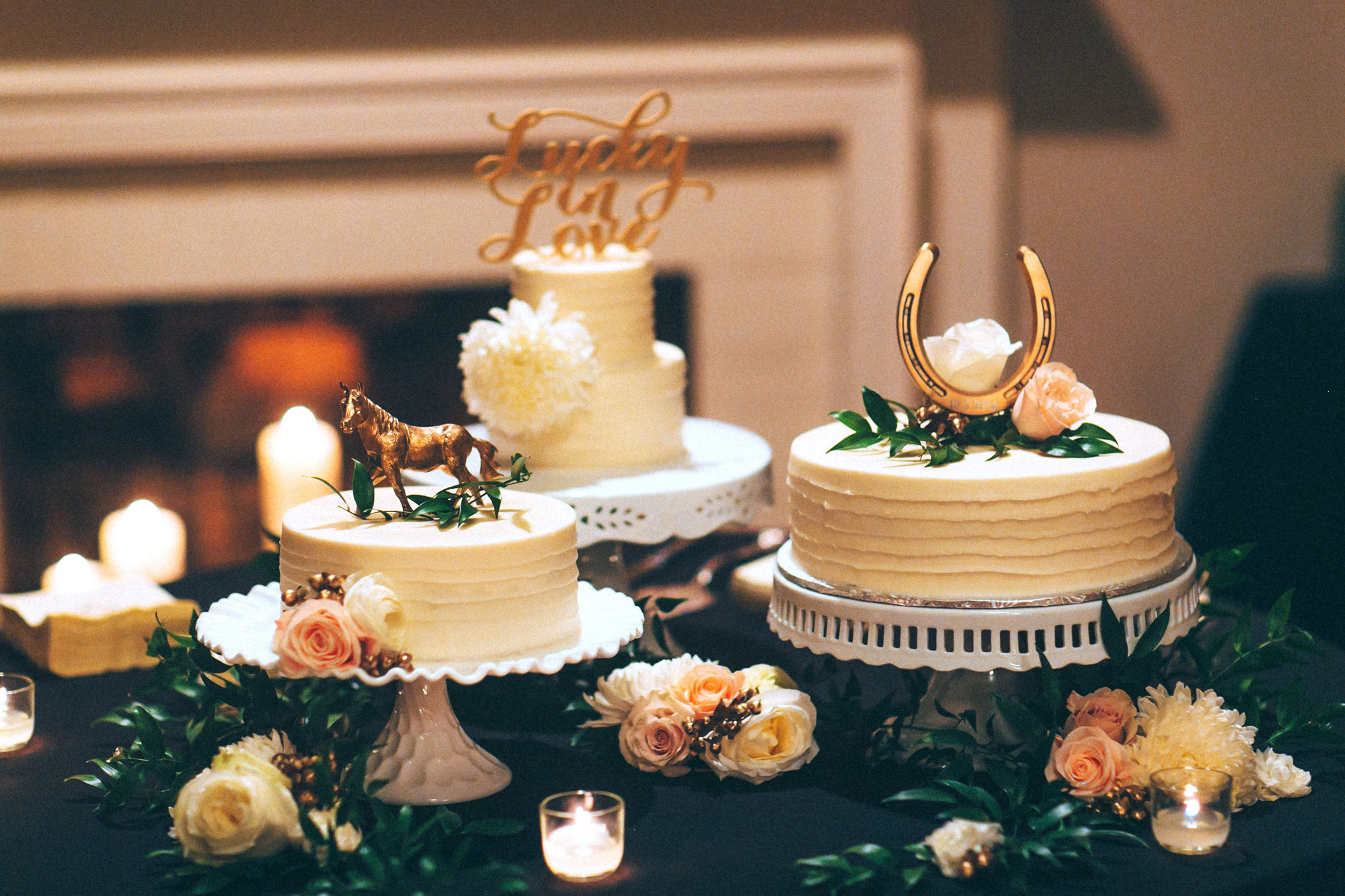Me & Mr. Jones Wedding, Equestrian Inspired Decor, Three Separate Cakes, Lucky In Love Cake Topper, Gold Horse Cake Topper, Horseshoe with Wedding Date Cake Topper, Funfetti Wedding Cake