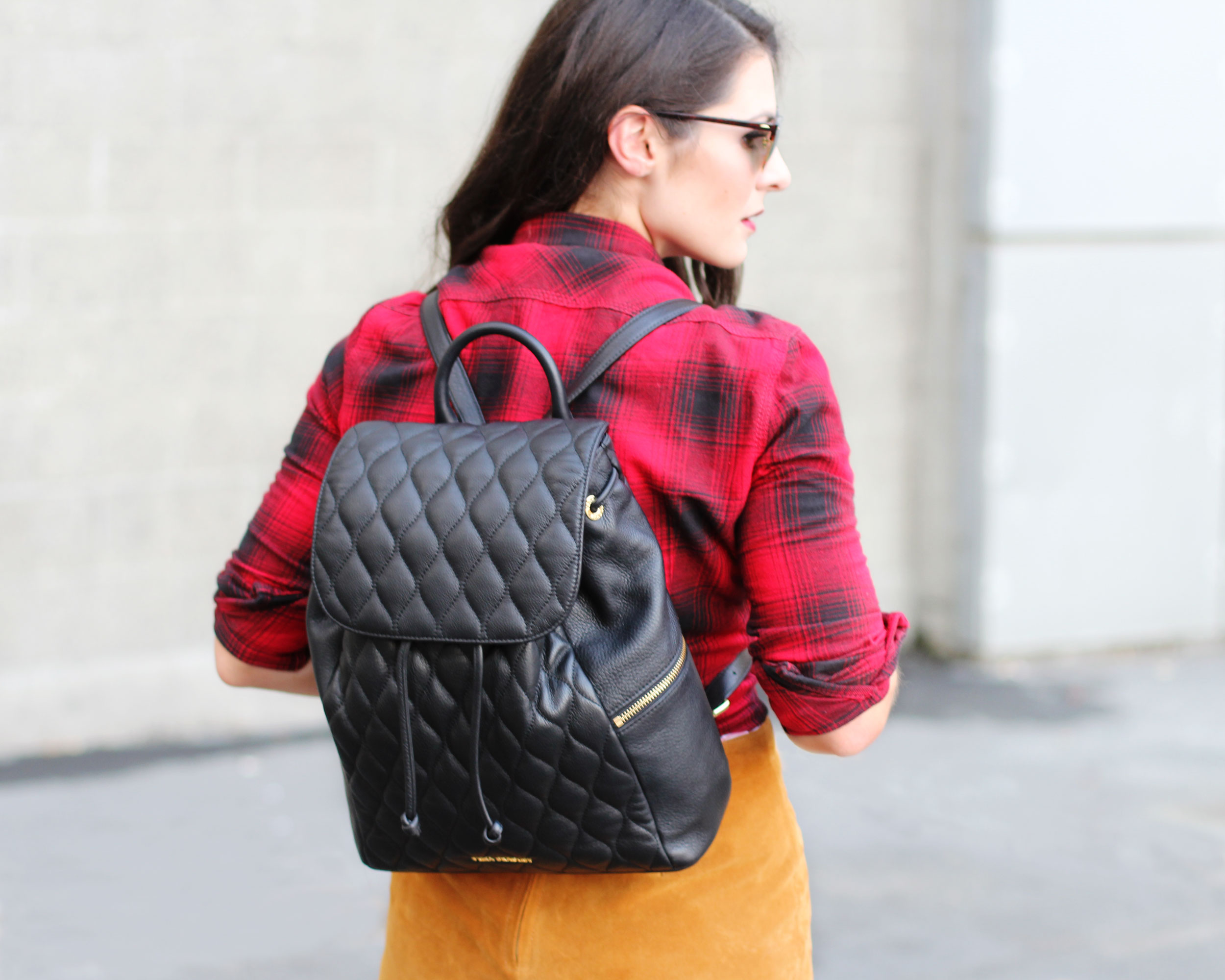 Fall Style, Red Plaid Shirt, Suede Skirt, Black Leather Booties, Vera Bradley Quilted Amy Backpack