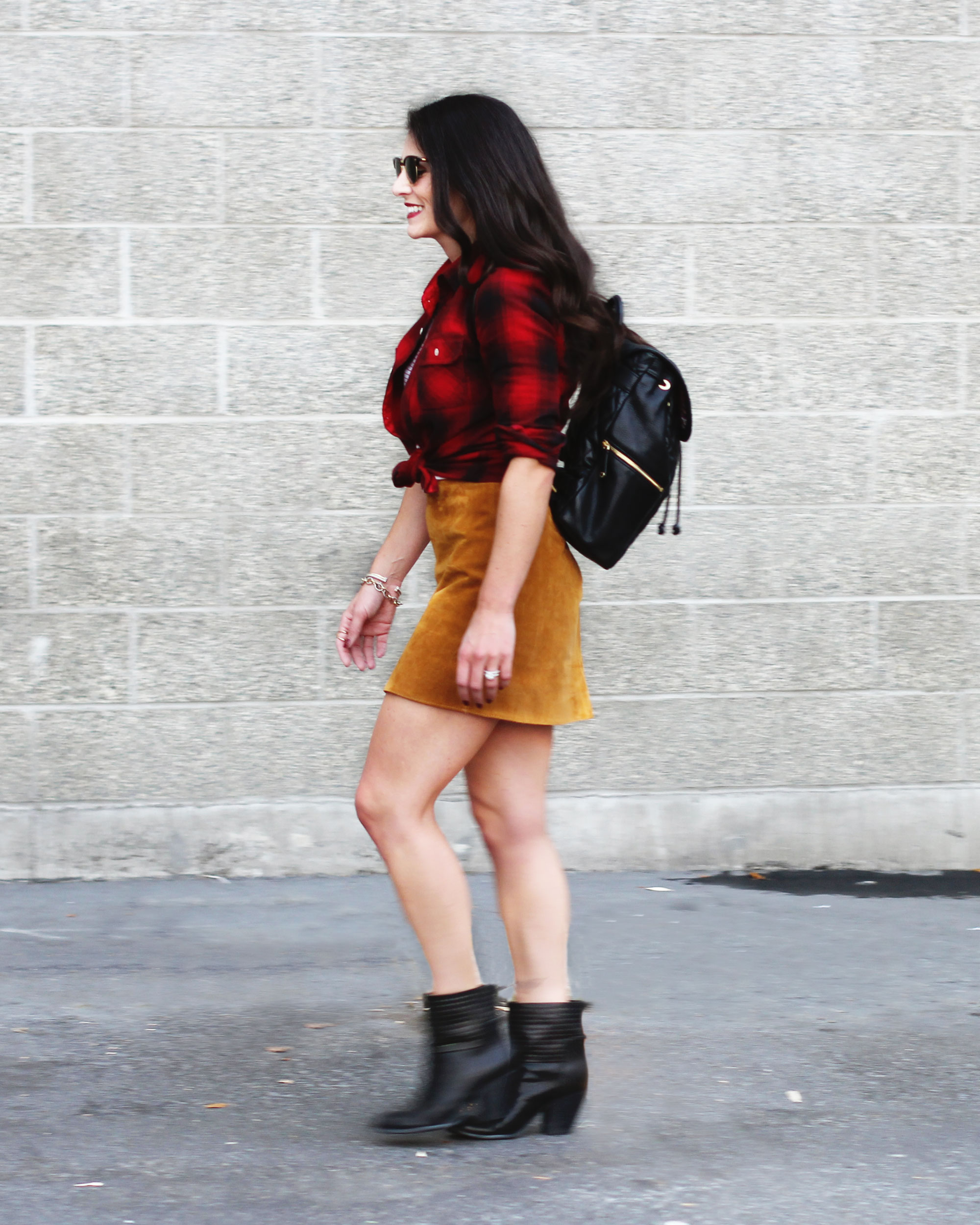 Fall Style, Red Plaid Shirt, Suede Skirt, Black Leather Booties, Vera Bradley Quilted Amy Backpack