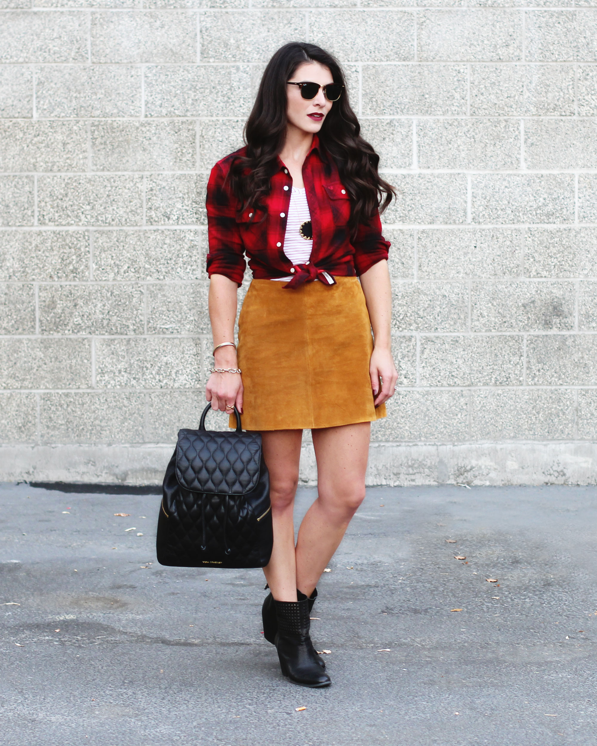 Fall Style, Red Plaid Shirt, Suede Skirt, Black Leather Booties, Vera Bradley Quilted Amy Backpack