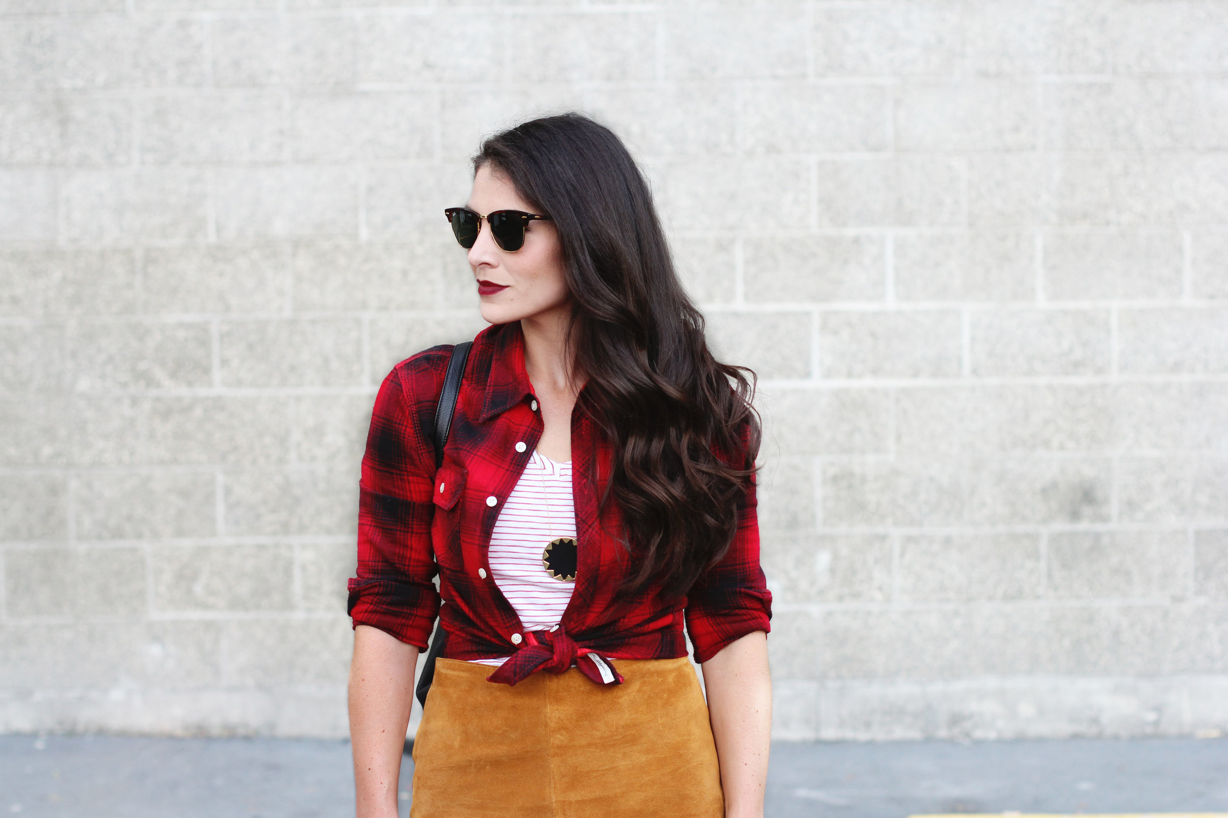 Fall Style, Red Plaid Shirt, Suede Skirt, Black Leather Booties, Vera Bradley Quilted Amy Backpack