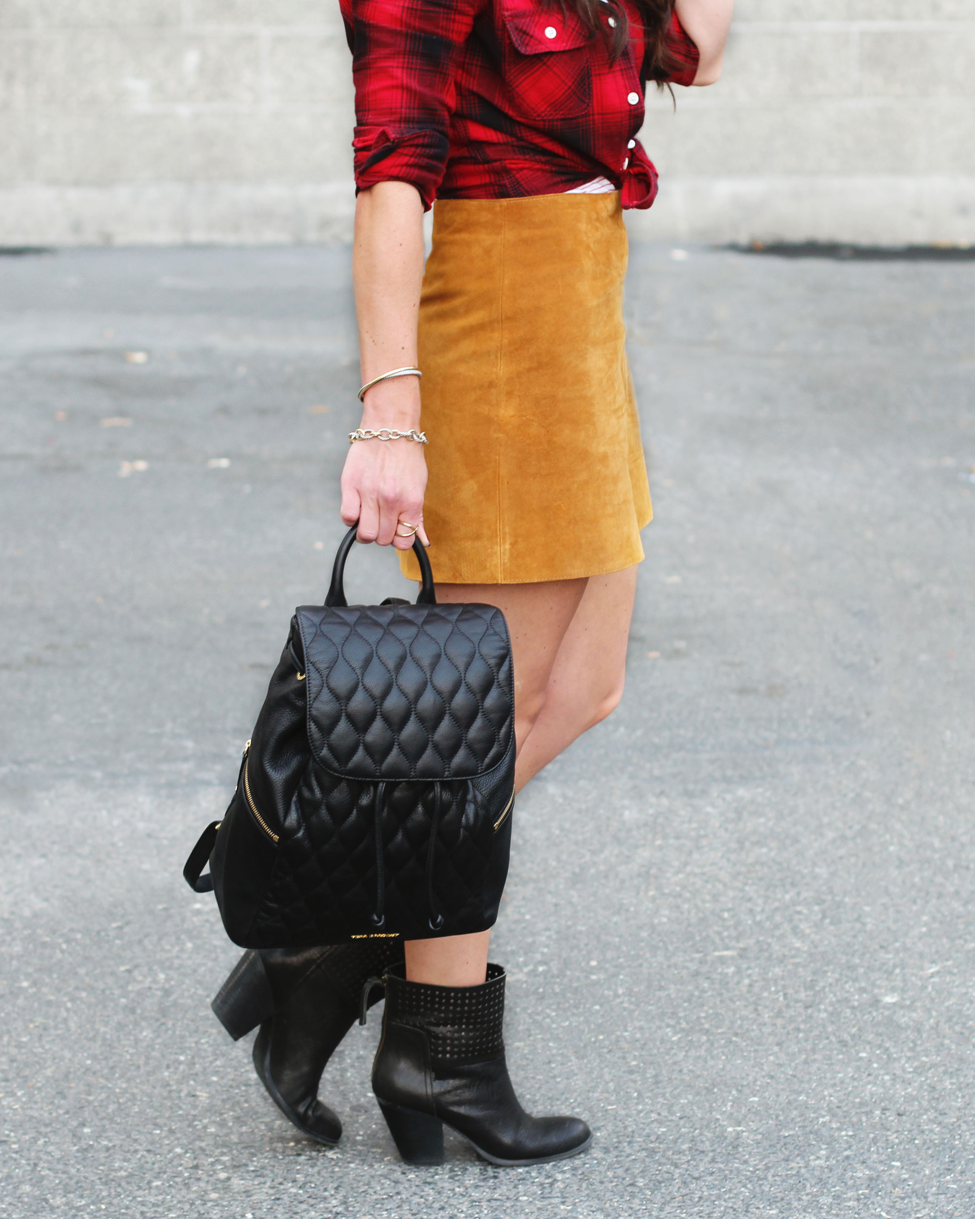 Fall Style, Red Plaid Shirt, Suede Skirt, Black Leather Booties, Vera Bradley Quilted Amy Backpack