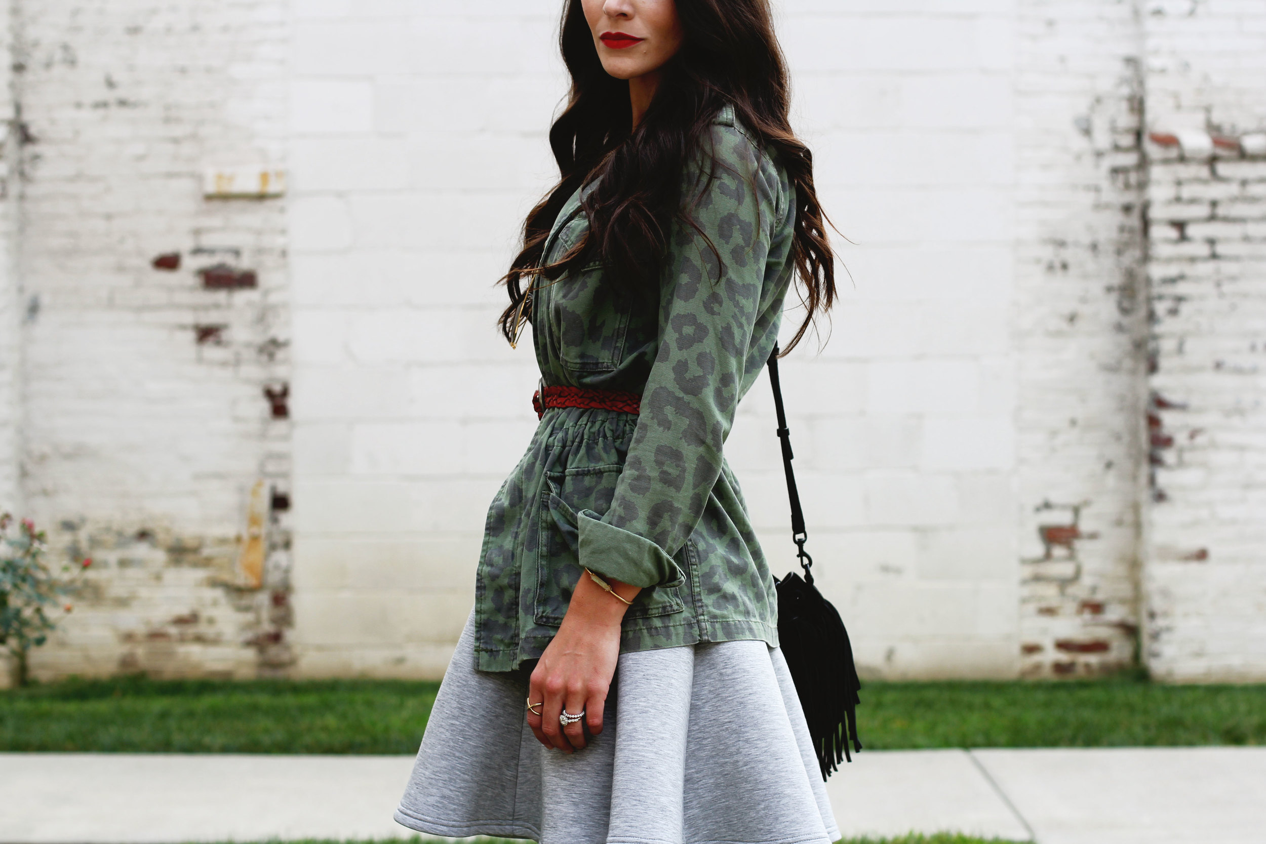 Fall Fashion Layering, Minkpink Stagnant Dress, Urban Outfitters Anorak, Belted with Red Belt, Black Elizabeth and James Booties, Rebecca Minkoff Fringe Bucket Bag