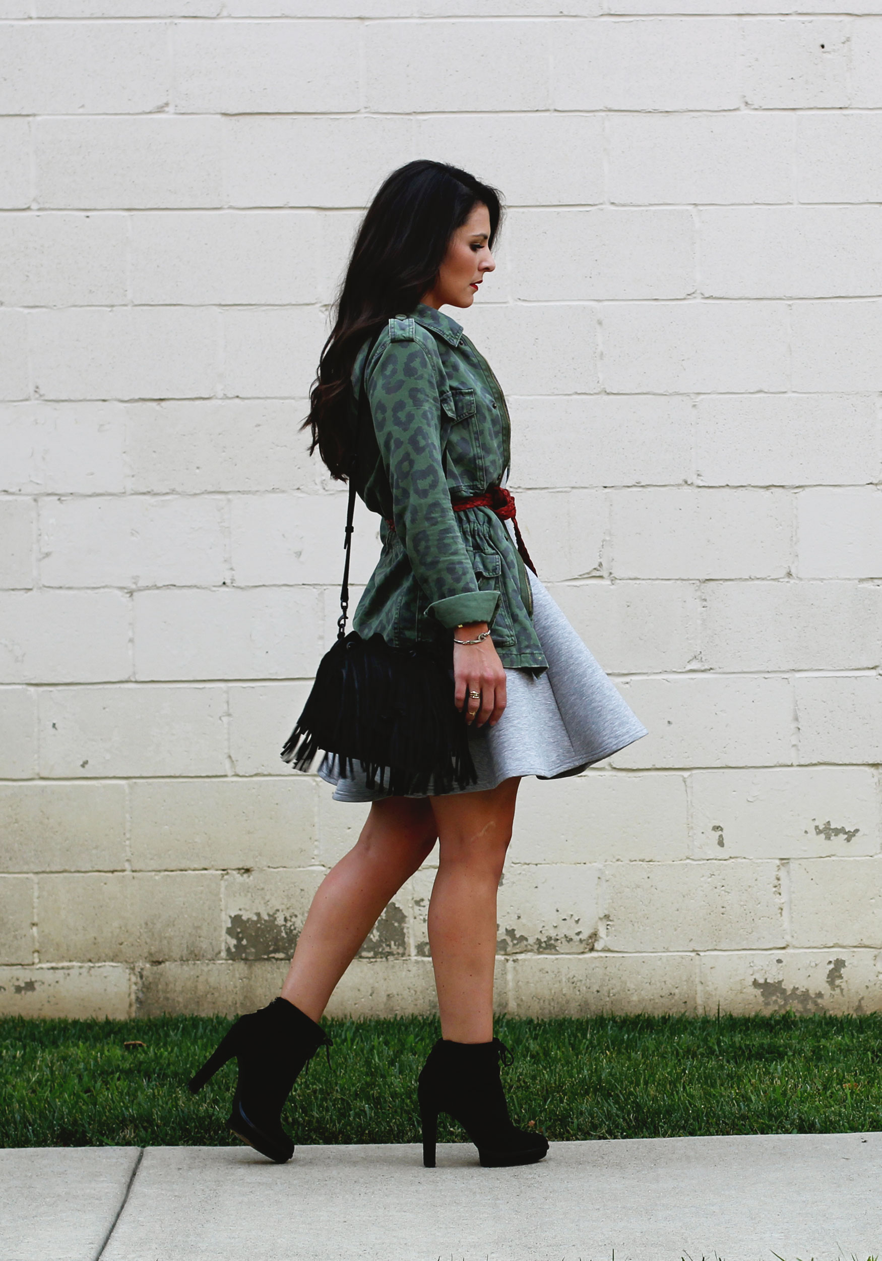 Fall Fashion Layering, Minkpink Stagnant Dress, Urban Outfitters Anorak, Belted with Red Belt, Black Elizabeth and James Booties, Rebecca Minkoff Fringe Bucket Bag