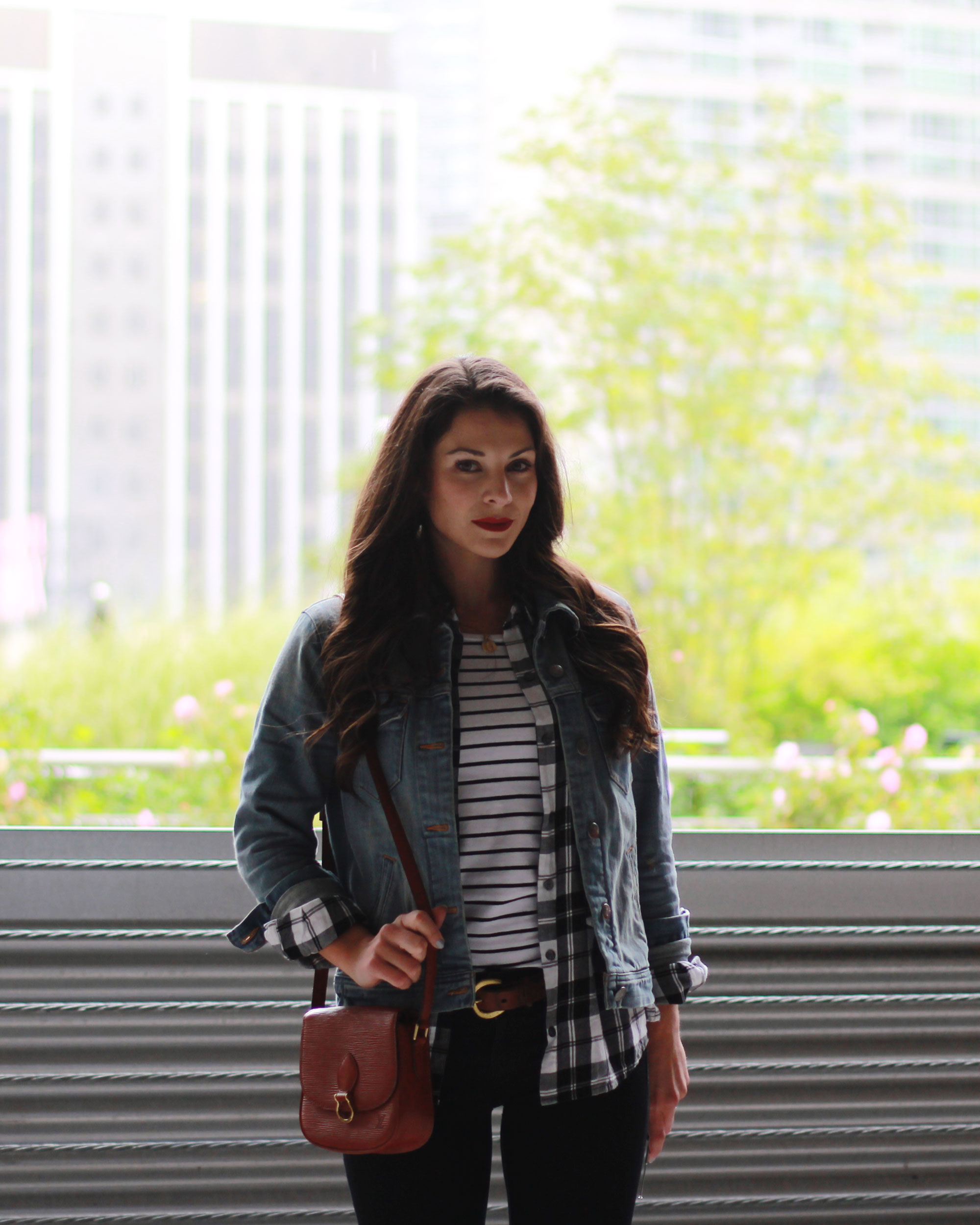 Casual Fall Fashion, Travel Style, J.Crew Denim Jacket, J Brand Skinny Jeans, Sam Edelman Fringe Booties, Vinage Louis Vuitton Cross Body Handbag