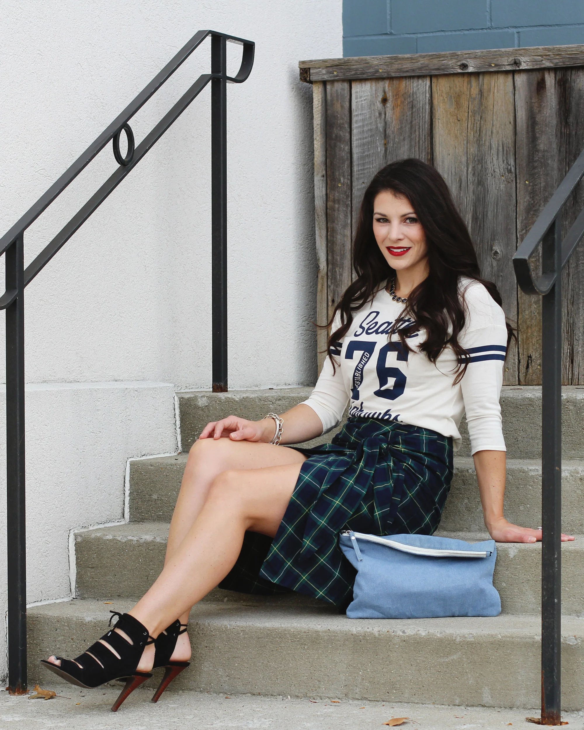 JOA Tie Front Skirt, Plaid Skirt, Seattle Seahawks Raglan, Seychelles 'Play Along' Pumps, Forever 21 Unstructured Denim Clutch