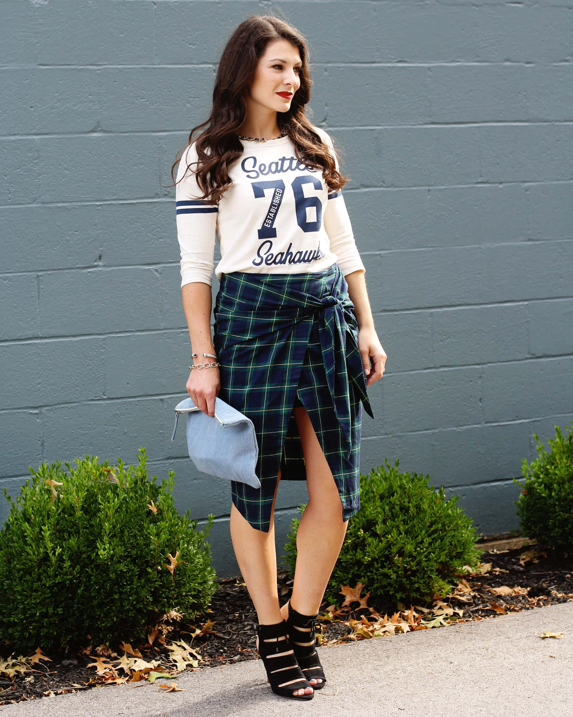 Fall Fashion, JOA Tie Front Skirt, Plaid Skirt, Seattle Seahawks Raglan, Seychelles 'Play Along' Pumps, Forever 21 Unstructured Denim Clutch