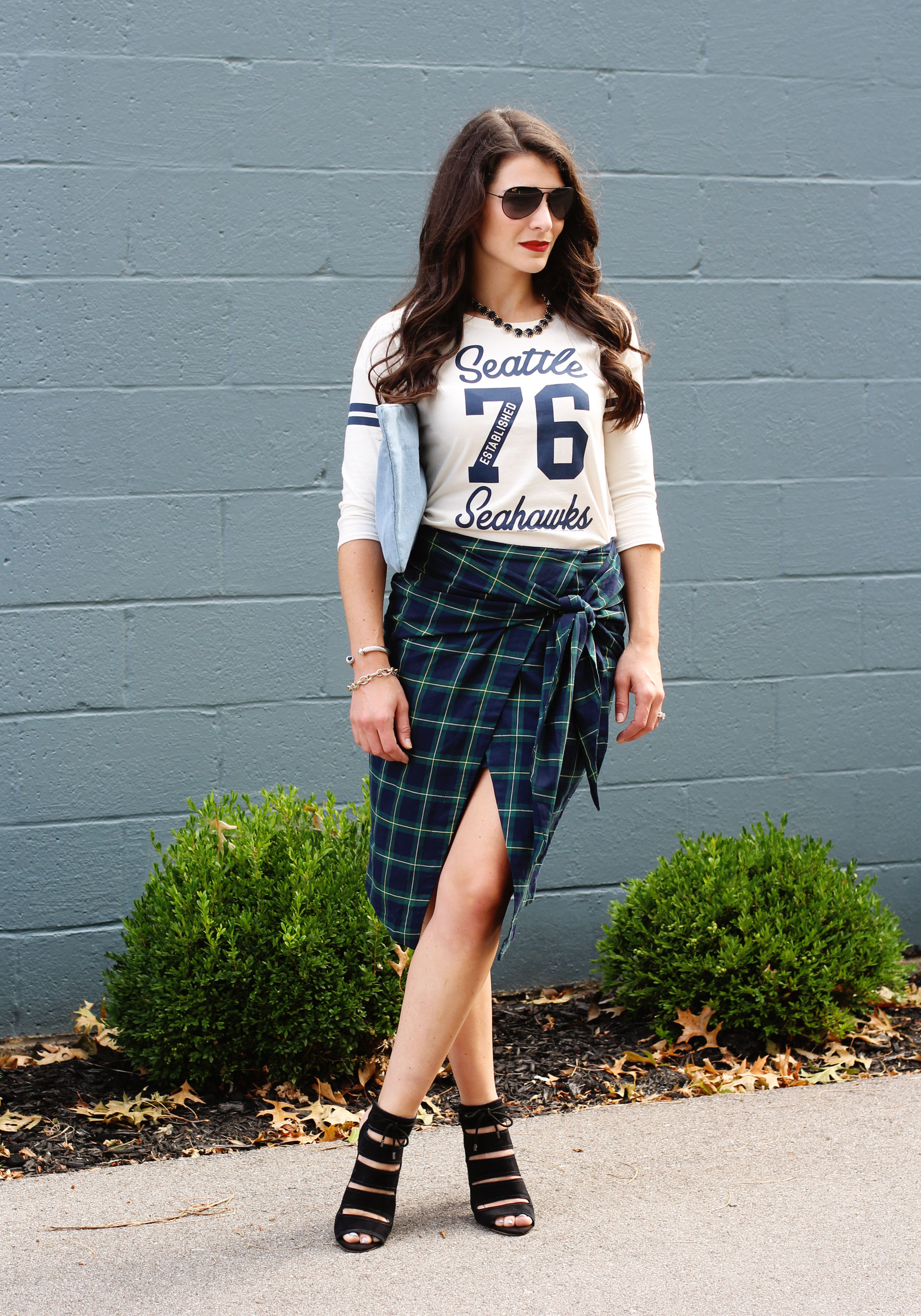 Fall Fashion, JOA Tie Front Skirt, Plaid Skirt, Seattle Seahawks Raglan, Seychelles 'Play Along' Pumps, Forever 21 Unstructured Denim Clutch