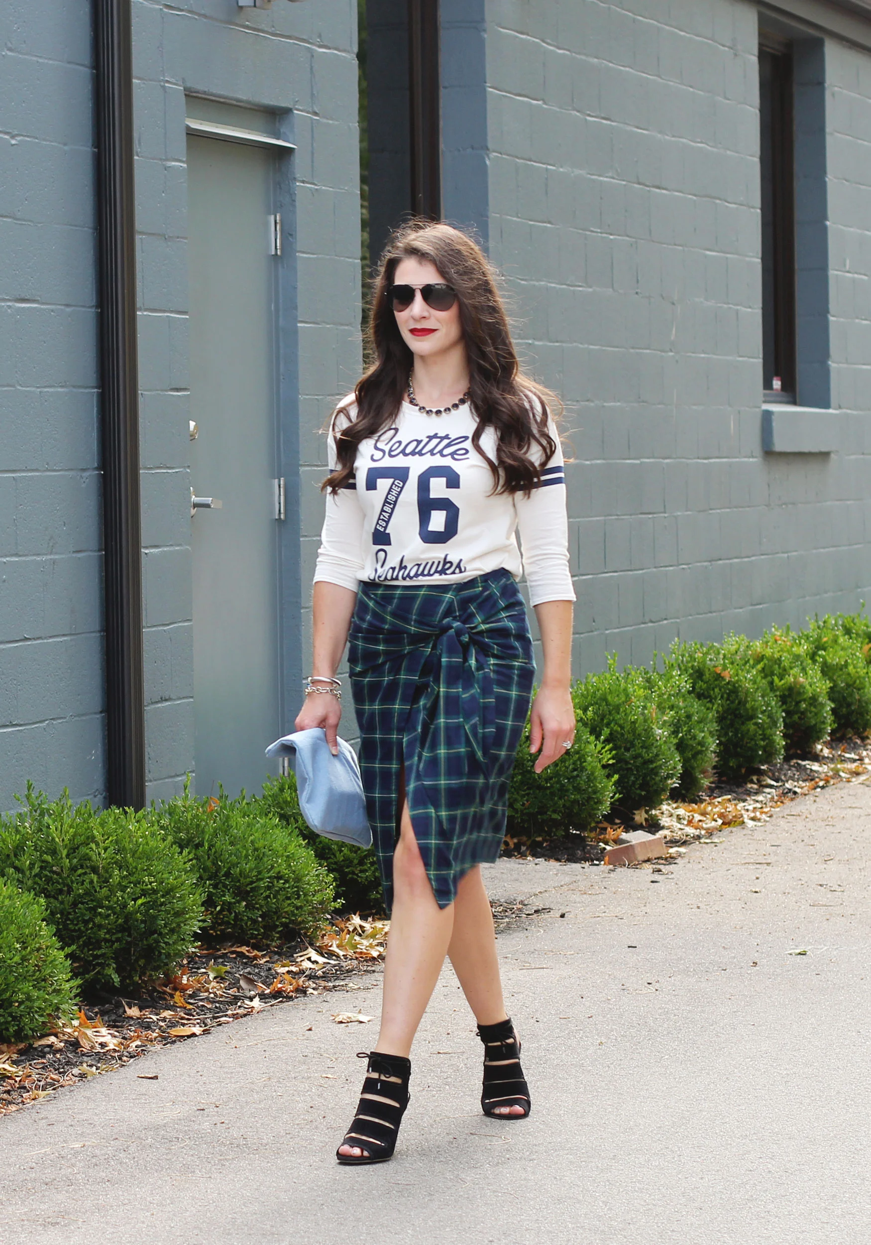 Fall Fashion, JOA Tie Front Skirt, Plaid Skirt, Seattle Seahawks Raglan, Seychelles 'Play Along' Pumps, Forever 21 Unstructured Denim Clutch