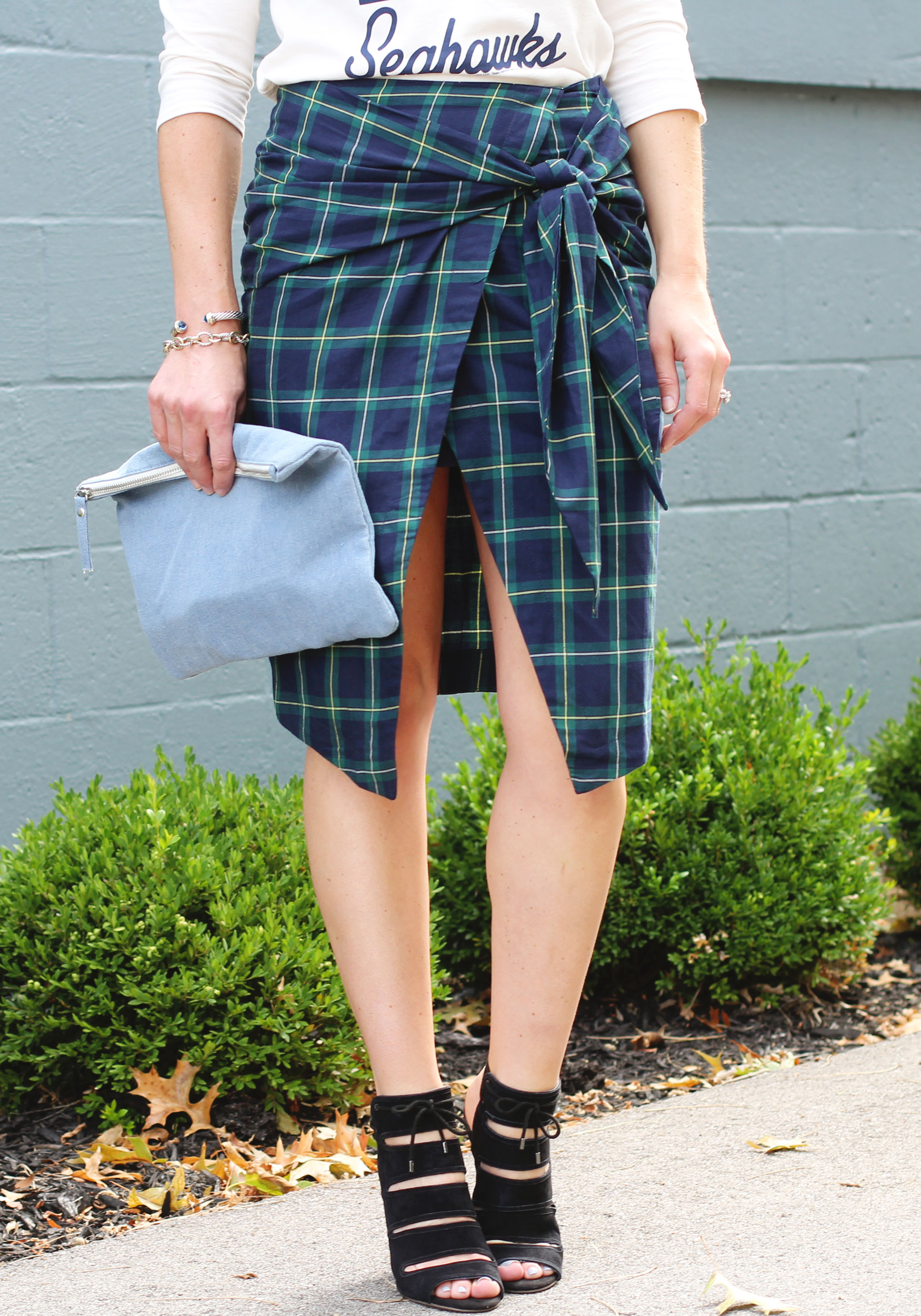 Fall Fashion, JOA Tie Front Skirt, Plaid Skirt, Seattle Seahawks Raglan, Seychelles 'Play Along' Pumps, Forever 21 Unstructured Denim Clutch