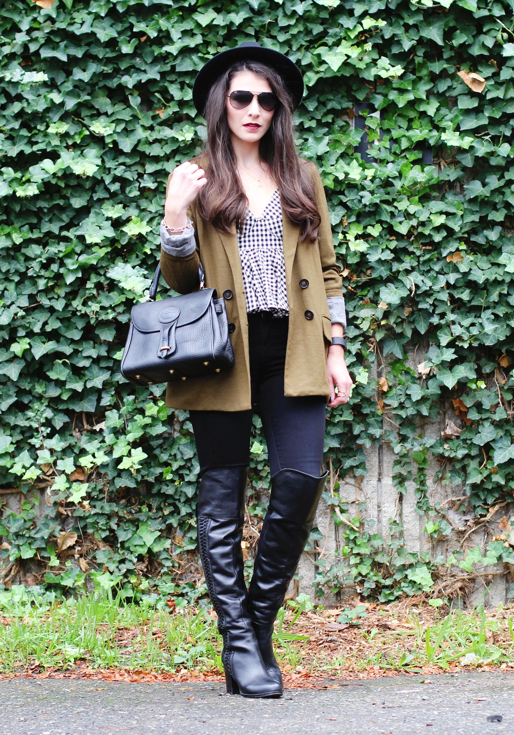Fall Fashion, Dolce Vita Over The Knee Boots, Black Wool Fedora, J.Crew Jersey Blazer, and Zara Peplum Top