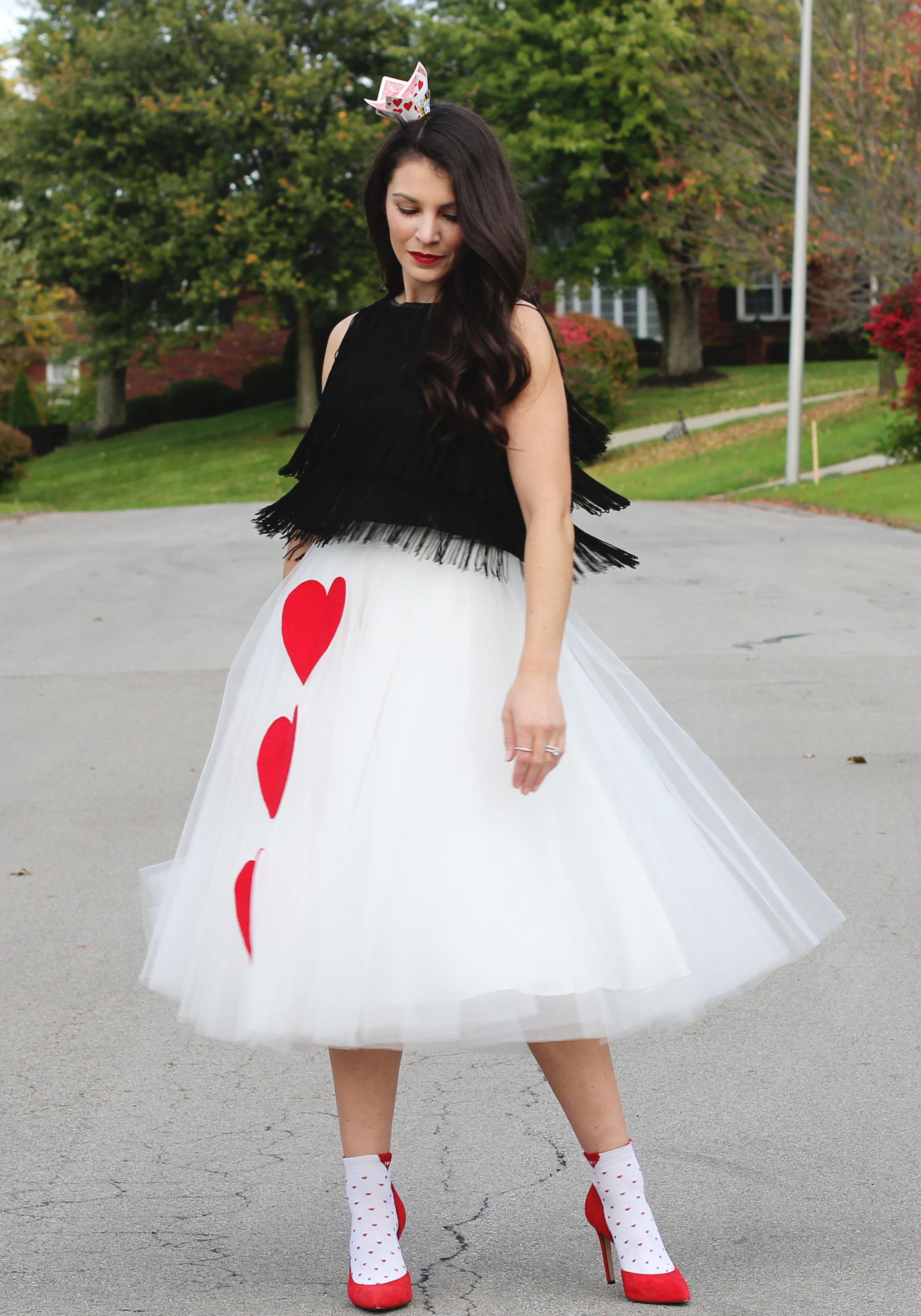 Queen of Hearts Costume, LC Lauren Conrad for Kohls Fringe Crop Top, Space 46 Tulle Skirt, Jessica Simpson Claudette Pumps, Socks with Pumps, DIY Halloween Costume, Cheap & Easy Halloween Costume