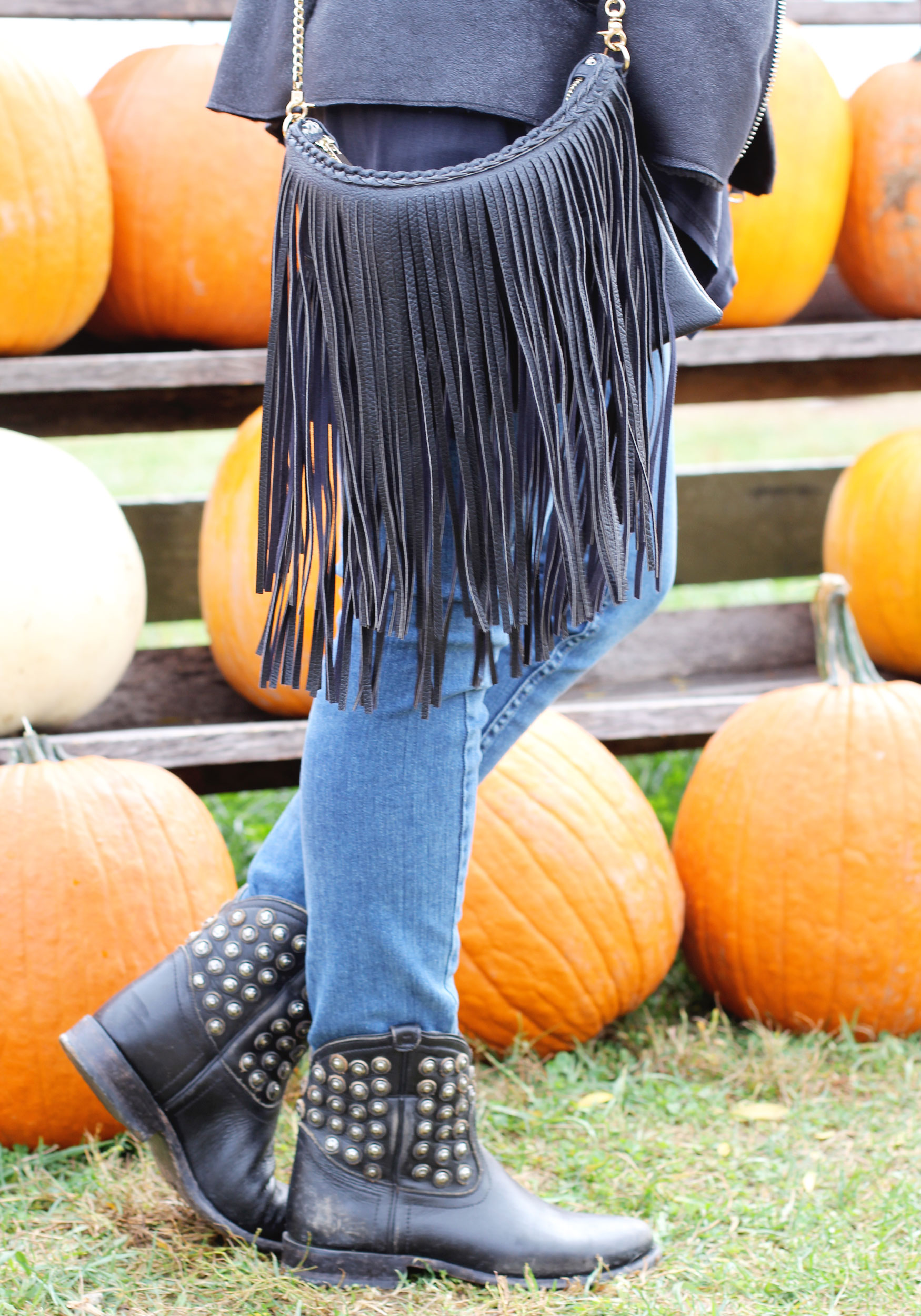 Fall Fashion Layering, Bar III Faux Fur Moto Vest, Altard State Cowl Neck Top, Paige Verdugo Ankle Jean, Sole Society Fringe Crossbody Bag, FRYE Studded Boots