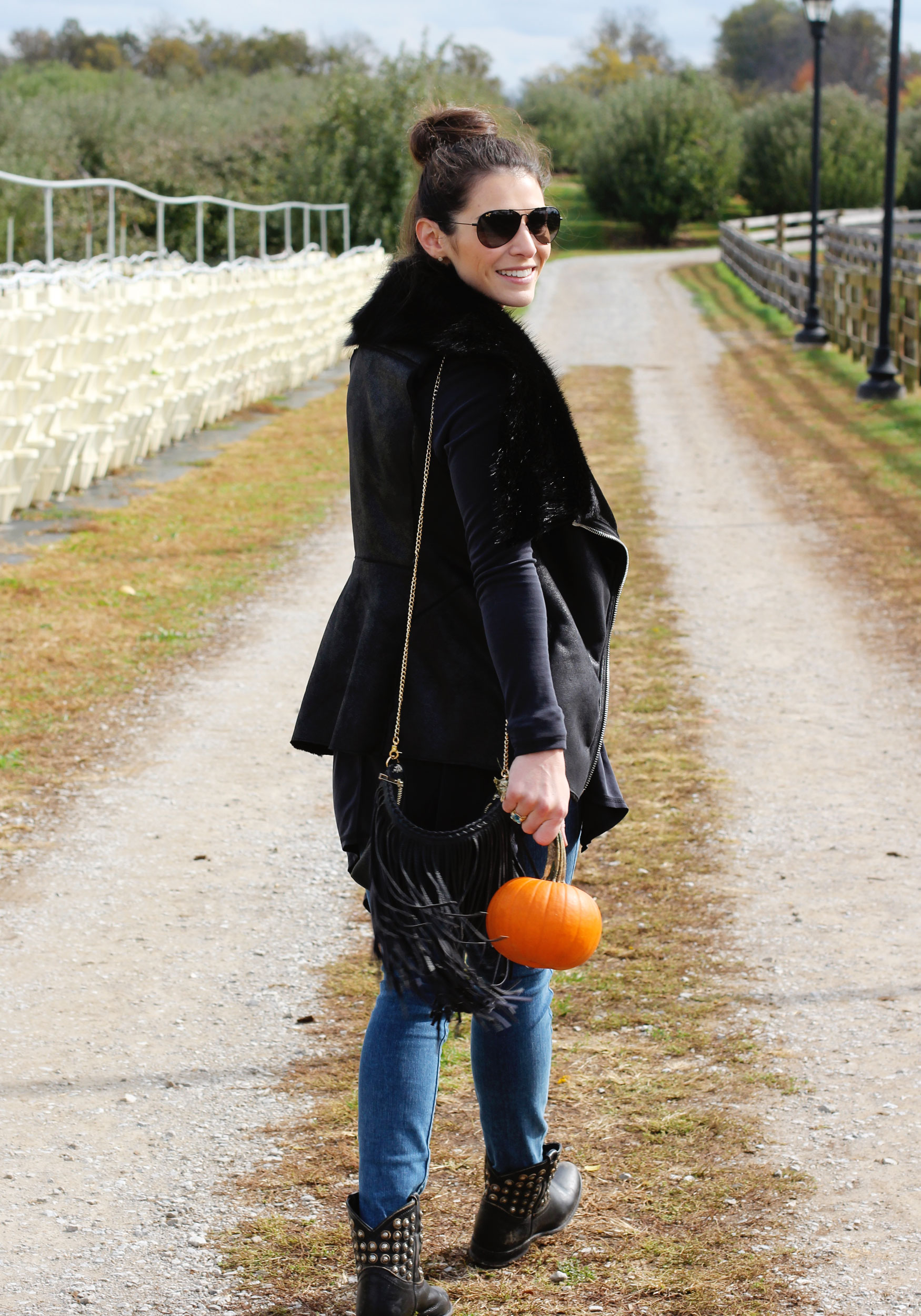 Fall Fashion Layering, Bar III Faux Fur Moto Vest, Altard State Cowl Neck Top, Paige Verdugo Ankle Jean, Sole Society Fringe Crossbody Bag, FRYE Studded Boots