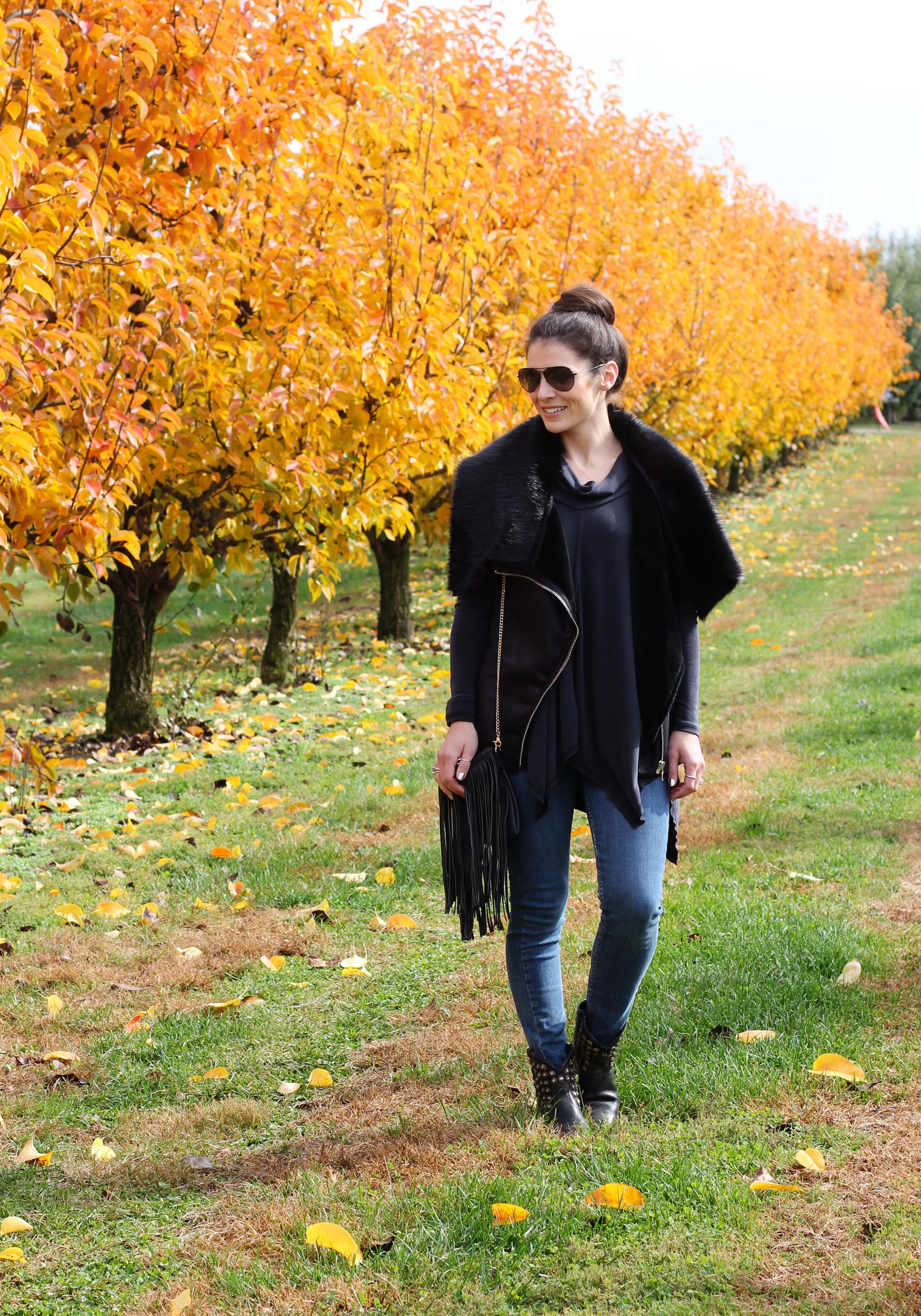 Fall Fashion Layering, Bar III Faux Fur Moto Vest, Altard State Cowl Neck Top, Paige Verdugo Ankle Jean, Sole Society Fringe Crossbody Bag, FRYE Studded Boots