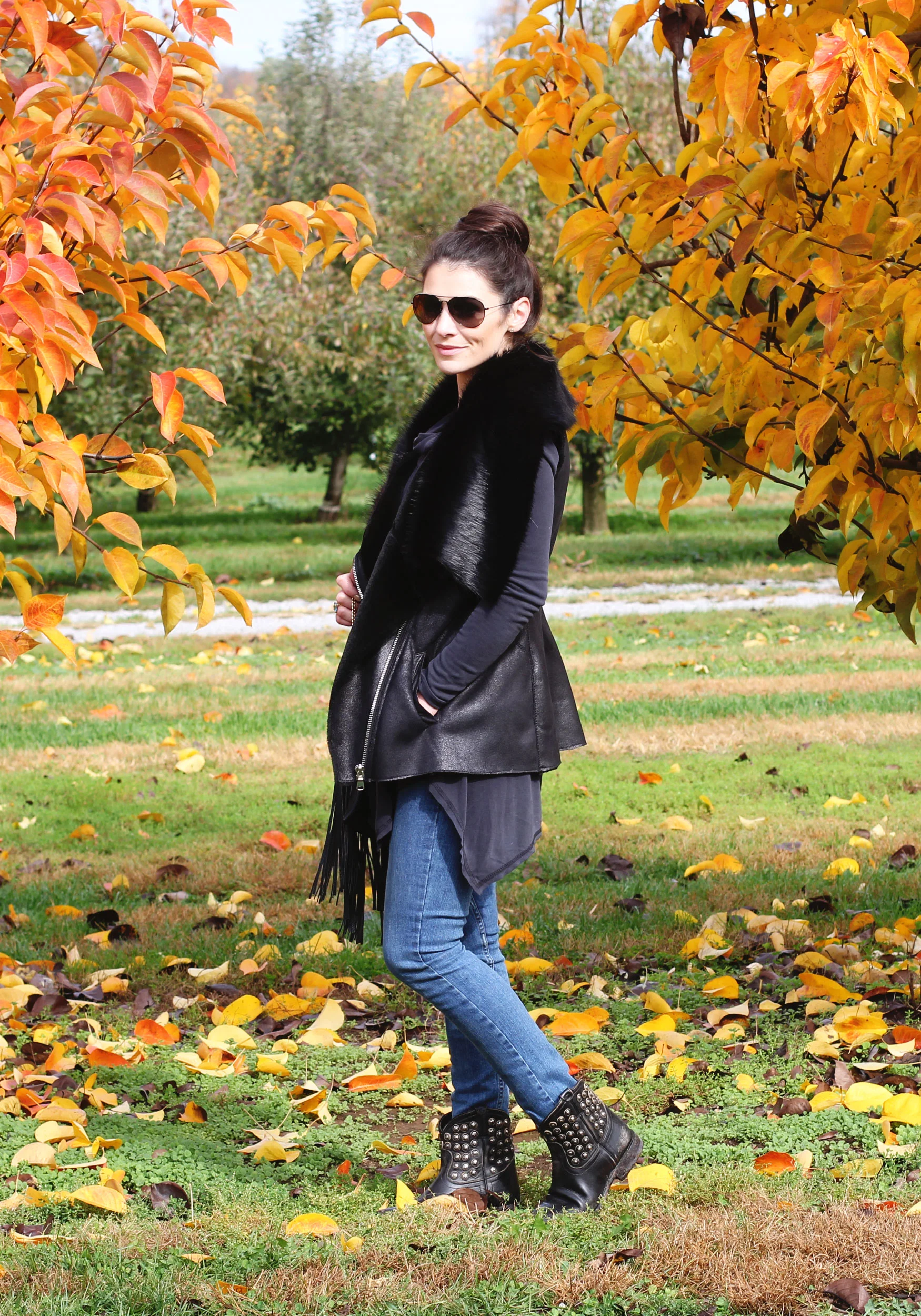 Fall Fashion Layering, Bar III Faux Fur Moto Vest, Altard State Cowl Neck Top, Paige Verdugo Ankle Jean, Sole Society Fringe Crossbody Bag, FRYE Studded Boots