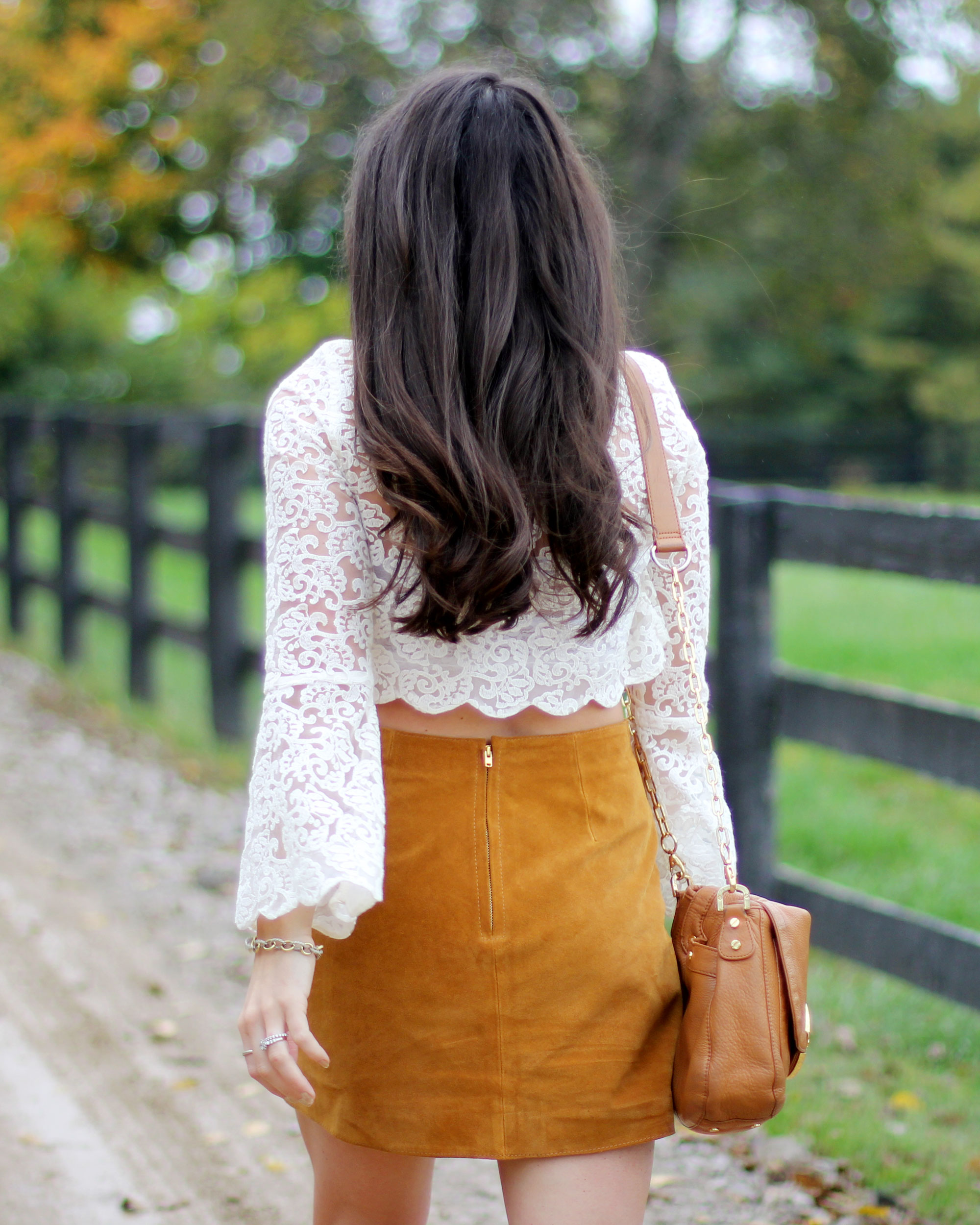 Fall Fashion, LC Lauren Conrad Runway Collection Scallop Lace Crop Top, Suede Skirt, Joie Dalton Booties, Tory Burch Britten Crossbody Bag 