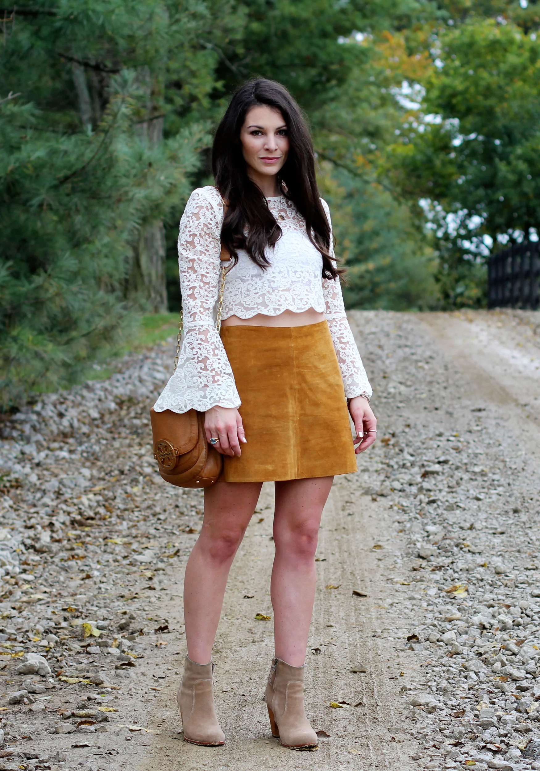 Fall Fashion, LC Lauren Conrad Runway Collection Scallop Lace Crop Top, Suede Skirt, Joie Dalton Booties, Tory Burch Britten Crossbody Bag