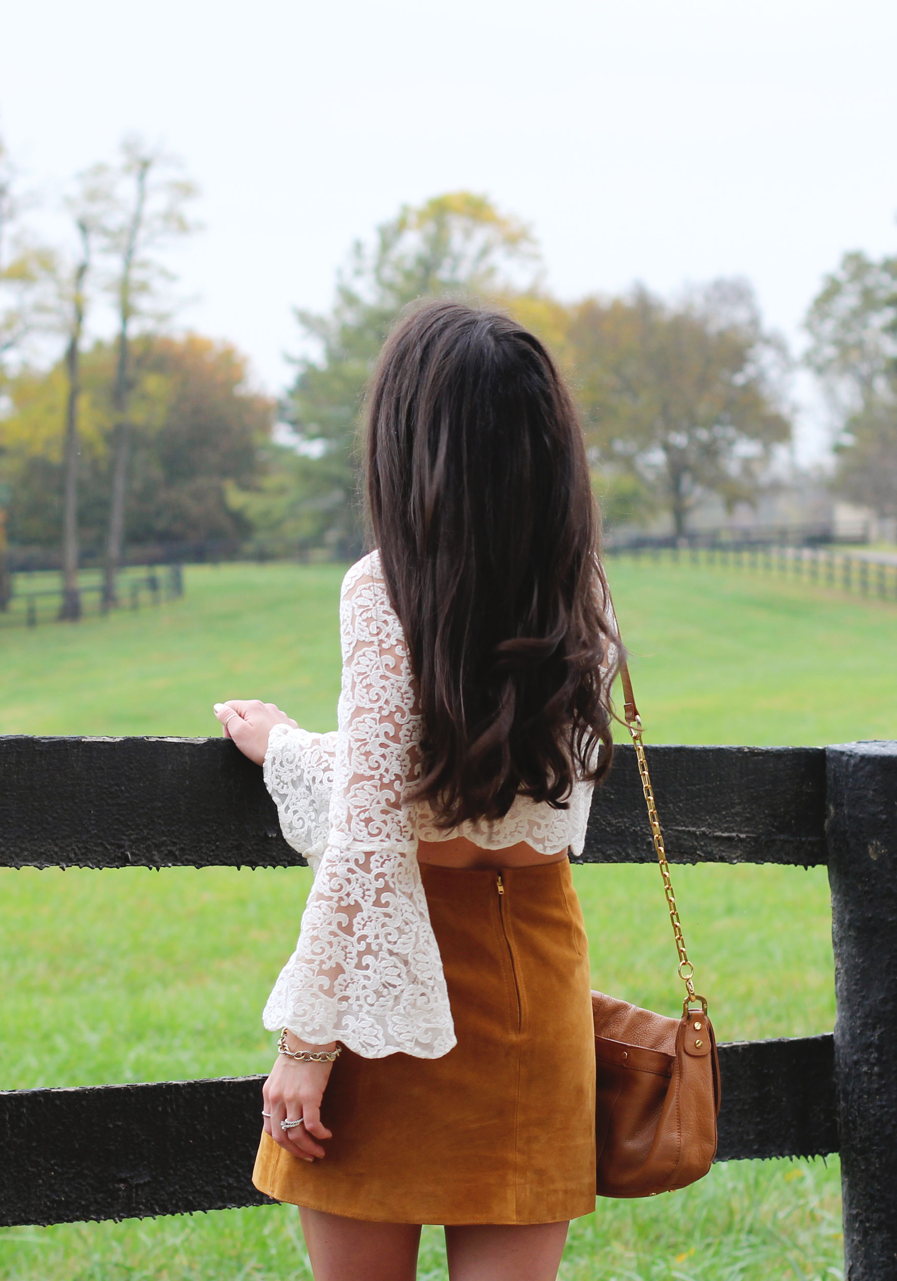 Fall Fashion, LC Lauren Conrad Runway Collection Scallop Lace Crop Top, Suede Skirt, Joie Dalton Booties, Tory Burch Britten Crossbody Bag 