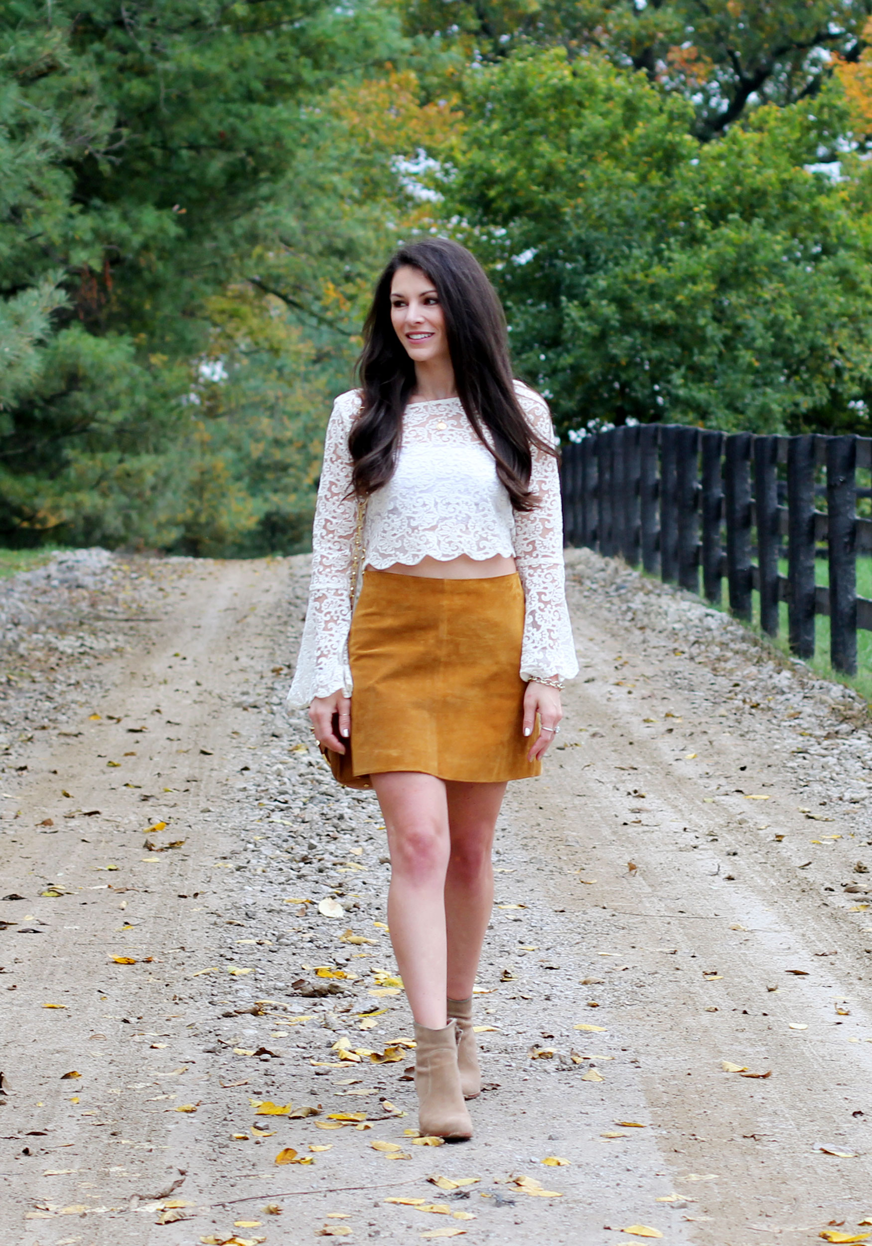 Fall Fashion, LC Lauren Conrad Runway Collection Scallop Lace Crop Top, Suede Skirt, Joie Dalton Booties, Tory Burch Britten Crossbody Bag 