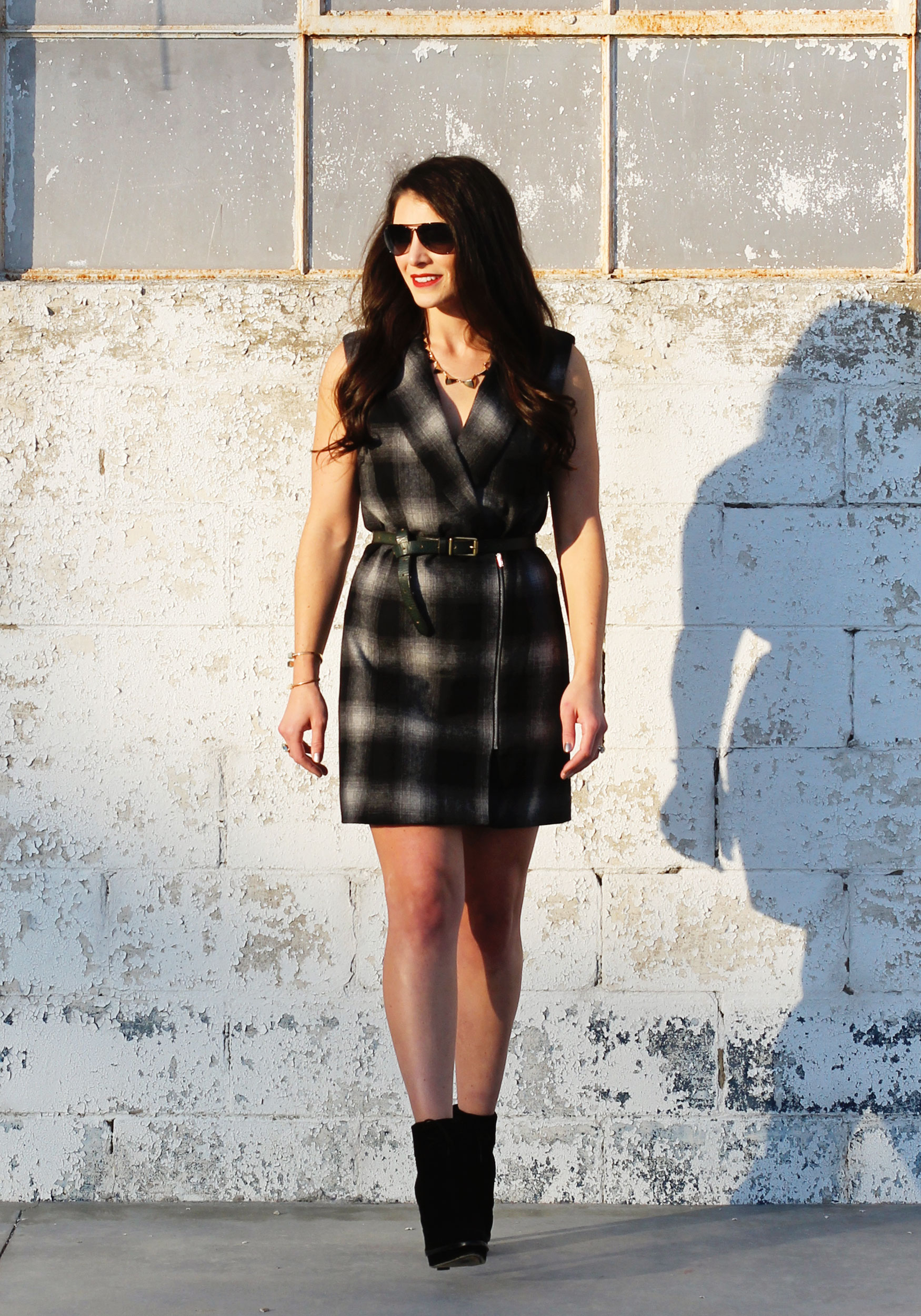 Fall Fashion, WAYF Plaid Long Vest, Elizabeth and James Black Booties, Black Aviator Sunglasses