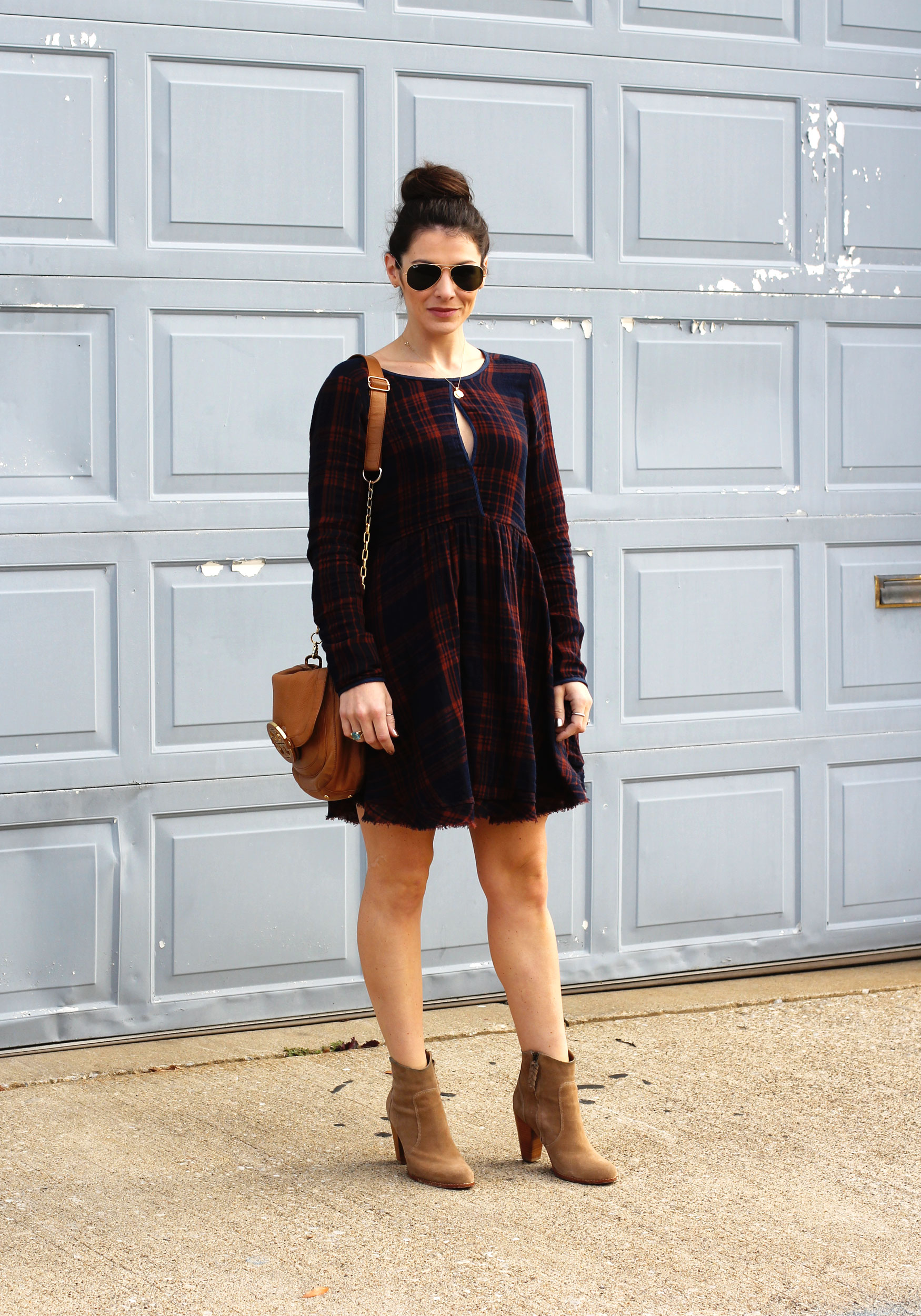 Fall Fashion, Altar'd State Plaid Dress, Joie Dalton Booties, Tory Burch Crossbody, and Ray-Ban Aviator Sunglasses, Casual Fall Style