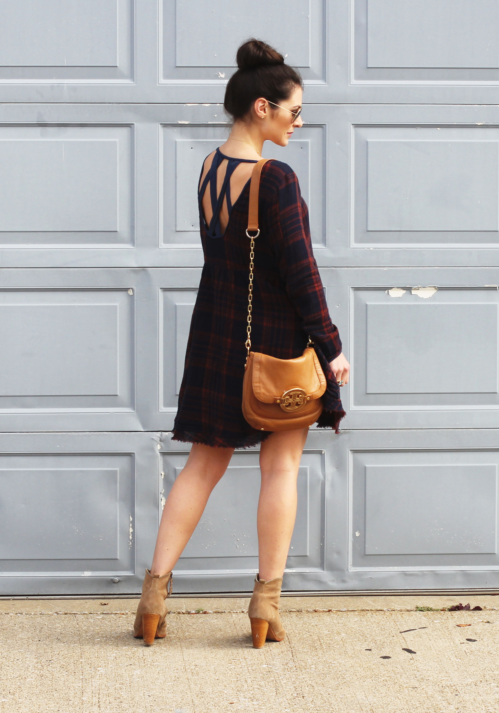 Fall Fashion, Altar'd State Plaid Dress, Joie Dalton Booties, Tory Burch Crossbody, and Ray-Ban Aviator Sunglasses, Casual Fall Style