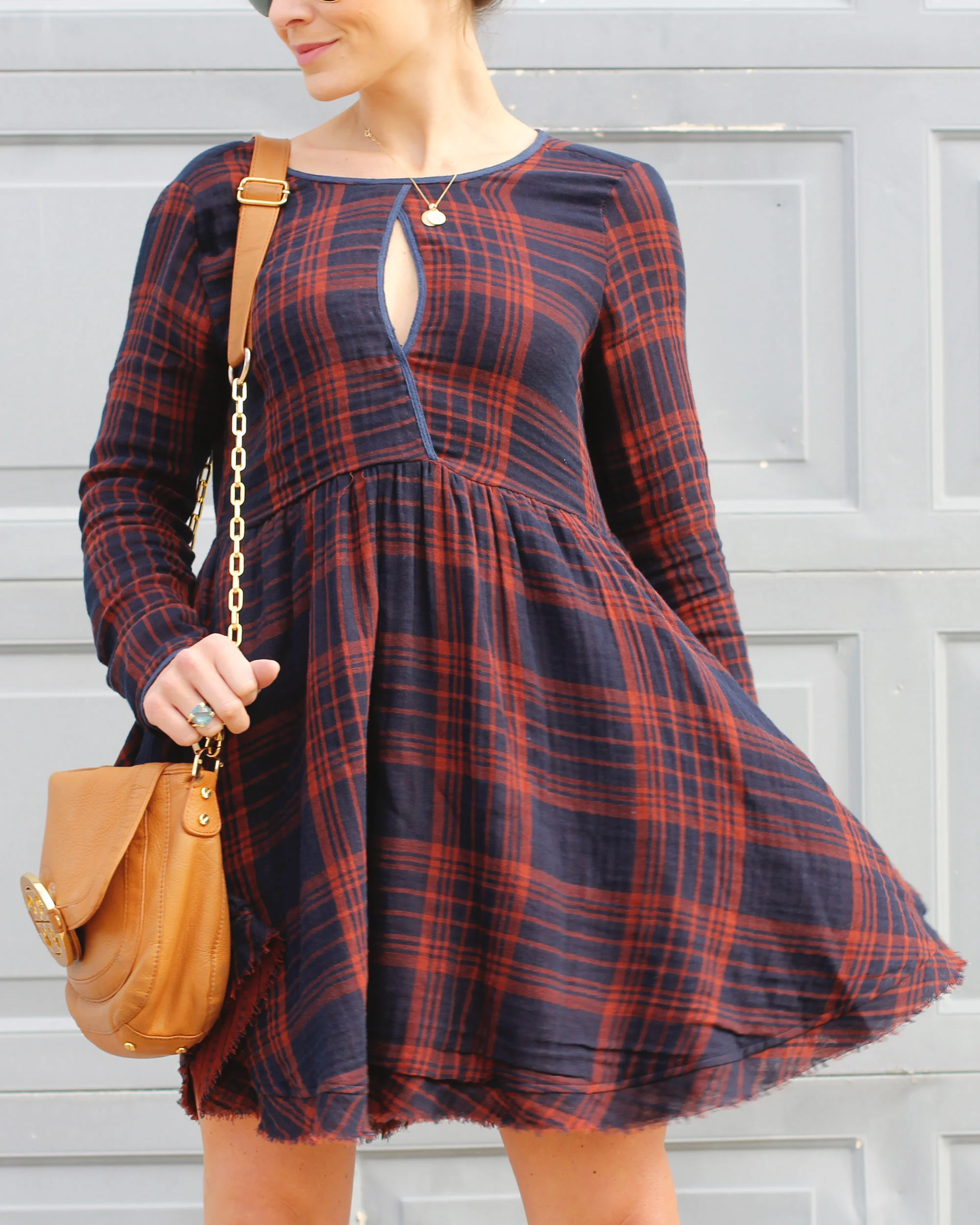 Fall Fashion, Altar'd State Plaid Dress, Joie Dalton Booties, Tory Burch Crossbody, and Ray-Ban Aviator Sunglasses, Casual Fall Style